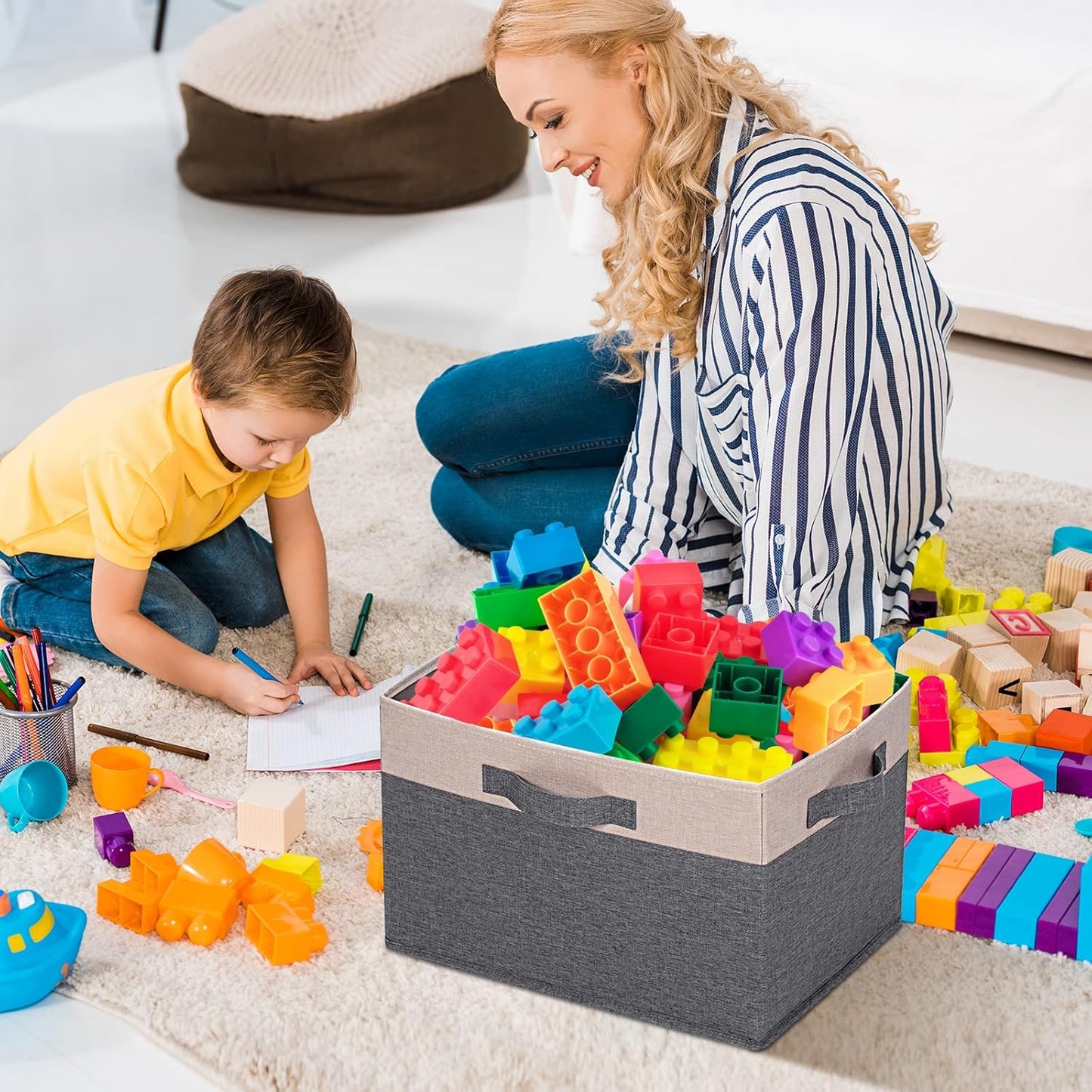 GhvyenntteS Large Fabric Storage Bins for Shelves with 3 Handles, 15x11x9.6in Closet Storage Bins, Sturdy Foldable Storage Baskets for Shelves Closet Bedroom Living Room Office (Beige, Set of 6)