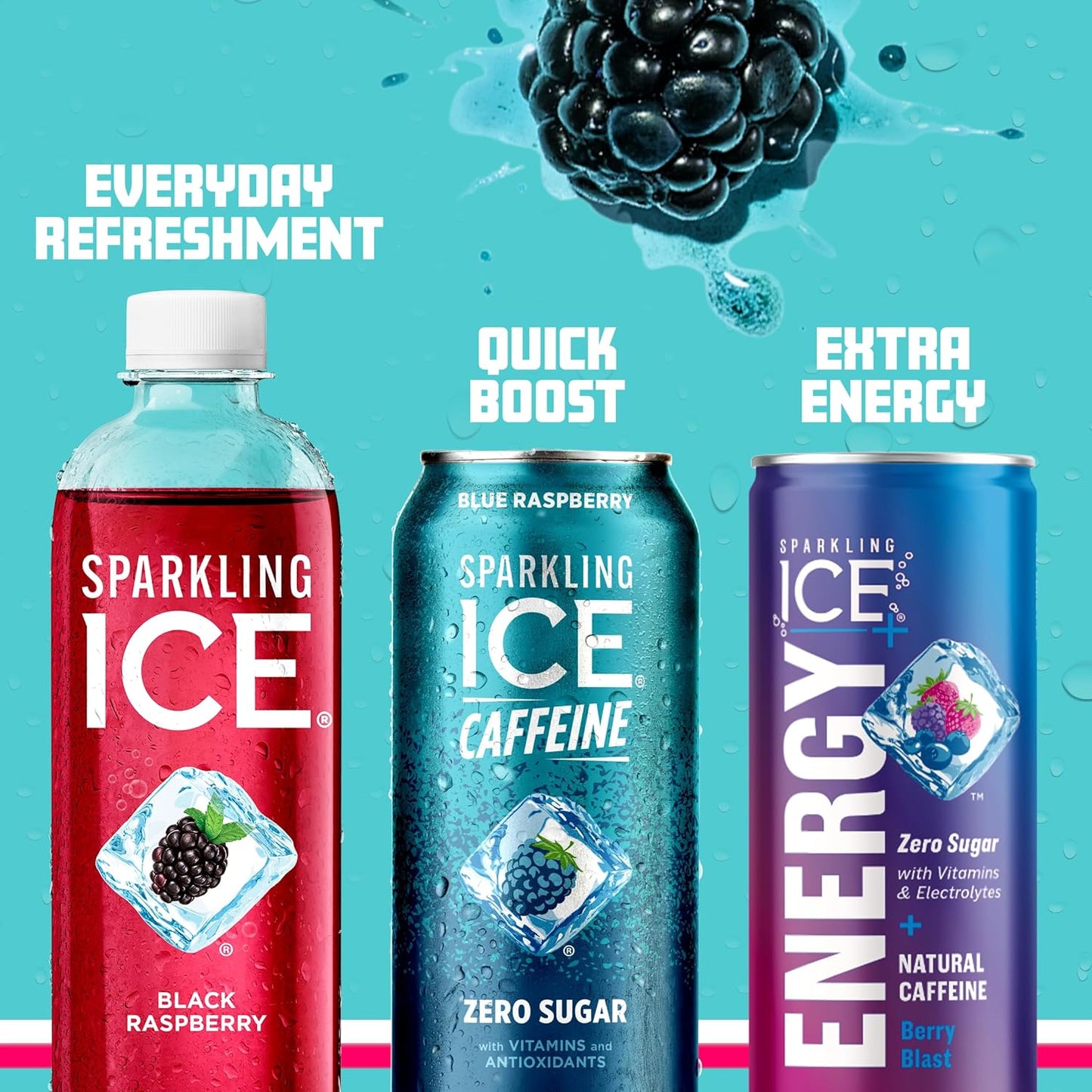 Sparkling Ice Caffeine Blue Raspberry Sparkling Water with Caffeine, Zero Sugar, with Antioxidants and Vitamins,16 fl oz Cans (Pack Of 12)