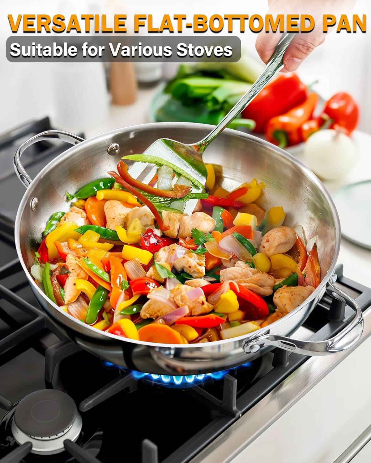 Cooks Standard Wok Stir Fry Pan with Glass Lid, Classic Stainless Steel 12-Inch/30cm Everyday Chef's Pan, Silver