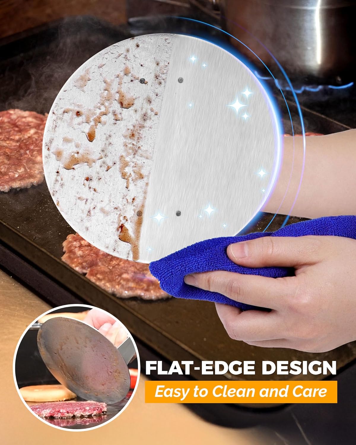 HULISEN 6.2" Stainless Steel Smashed Burger Press with Extra Wide Heat-Resistant Wood Handle, Burger Smasher for Flat Top Griddle, Grill, Skillet, Cast Iron Pan, Hamburger Cooking Accessories