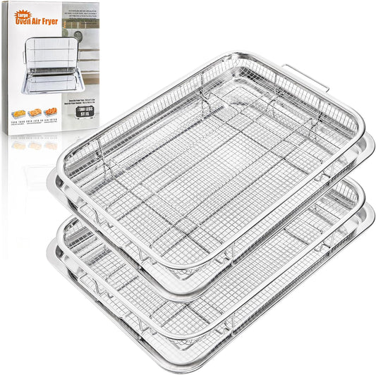 Yarlung 2 Pack Air Fryer Basket for Oven, Stainless Steel Crisper Tray Set 15"x11" and 14"x10", Nonstick Grill Basket Baking Tray Air Fryer Accessories for Fries, Chicken, Outdoor BBQ