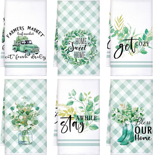 Set of 6 Eucalyptus Kitchen Towels Green Leaves Dishtowels Absorbent Spring Summer Hand Tea Towels 24 x 16 Inch Eucalyptus Lover Gifts Holiday Wedding Gifts for Farmhouse Kitchen Bathroom Decor