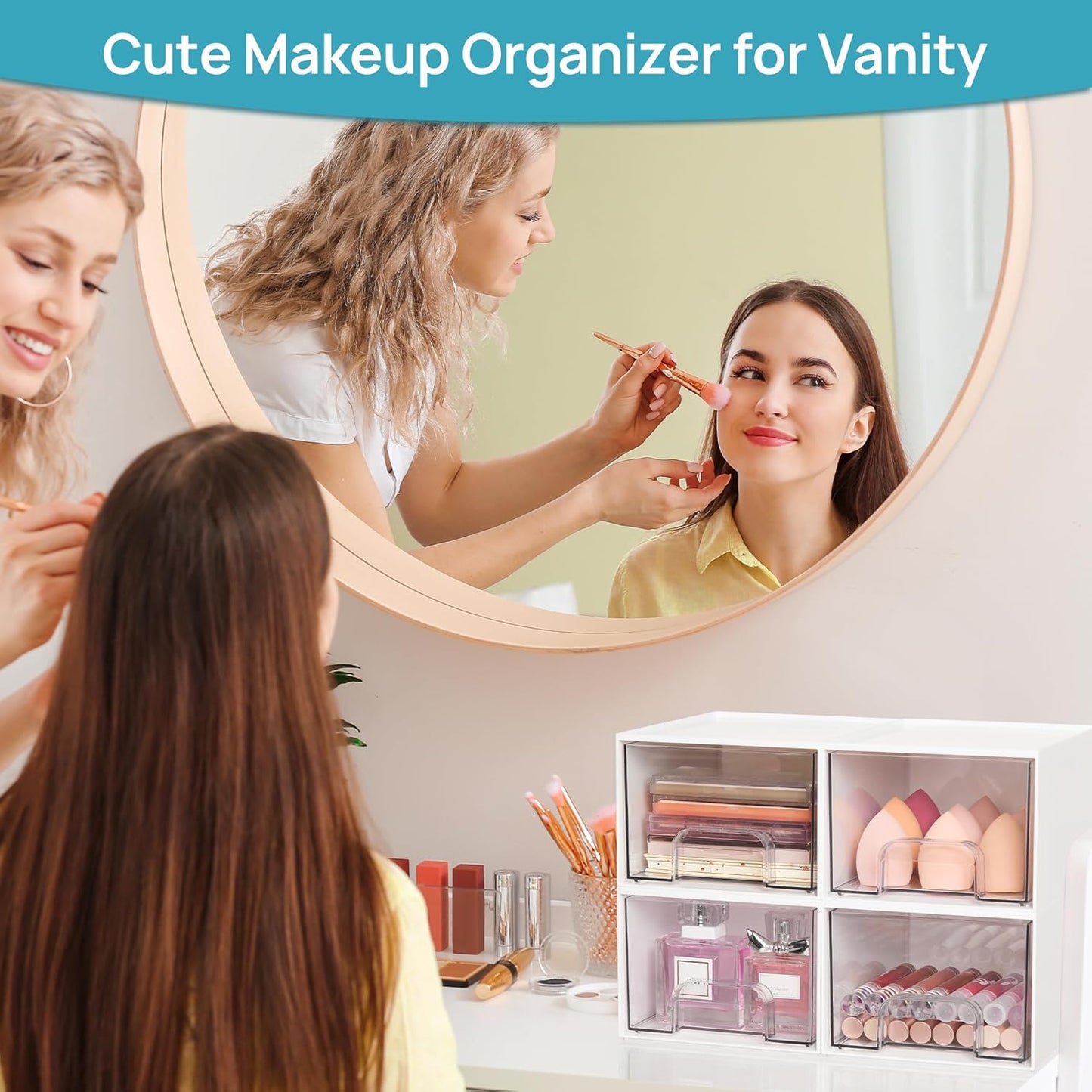 Vtopmart 4Pack Small Stackable Storage Drawers, Bathroom Makeup Organizer,Plastic Storage Bins For Vanity, Undersink, Kitchen Cabinets, Pantry, Home Organization(White)