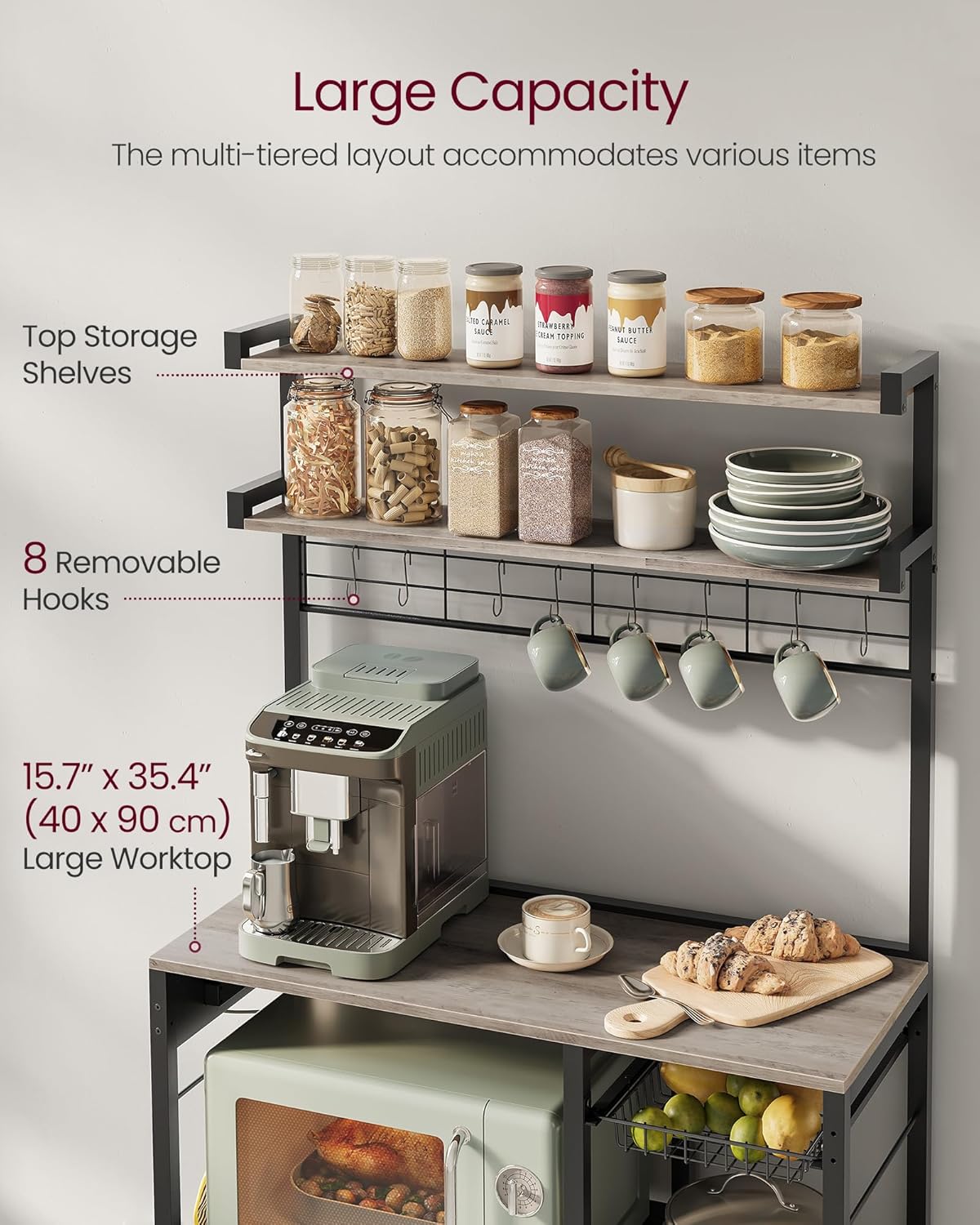 VASAGLE Bakers Rack with Power Outlet, 35.4 Inches Microwave Stand, Coffee Bar, 4 AC Outlets, with Adjustable Shelves, 8 S-Hooks, Basket, Spice Racks, Heather Greige and Ink Black UKKS031K02