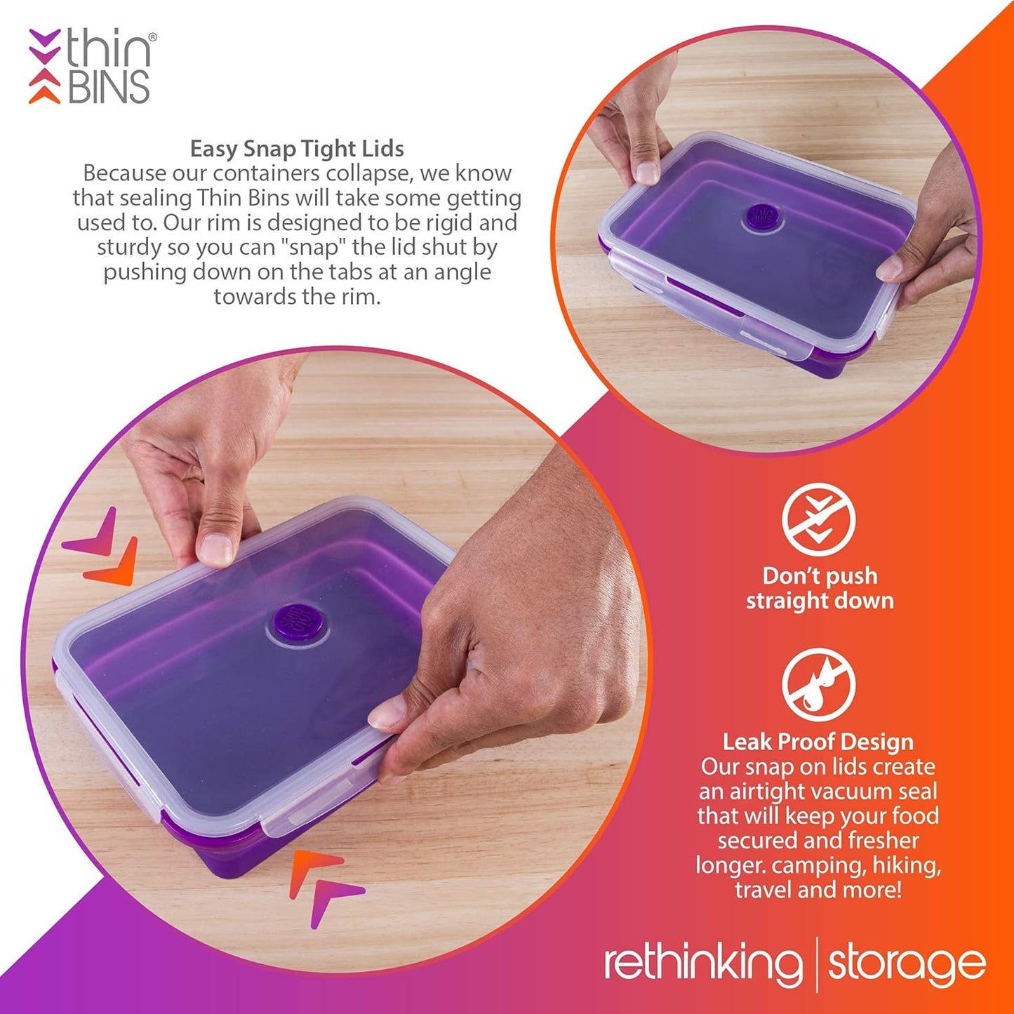 Kitchen Home Thin Bins Collapsible Containers – Set of 2 Extra Large Rectangle Silicone Food Storage Containers – BPA Free, Microwave, Dishwasher and Freezer Safe