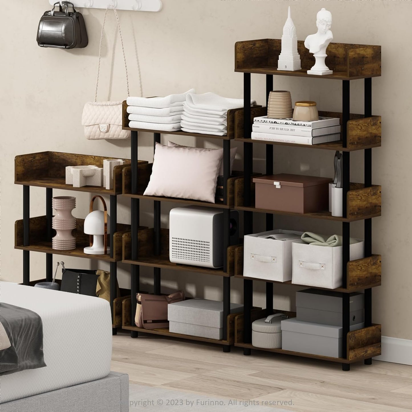 Furinno Turn-N-Tube 4-Tier Toolless Display Rack, Amber Pine/Black