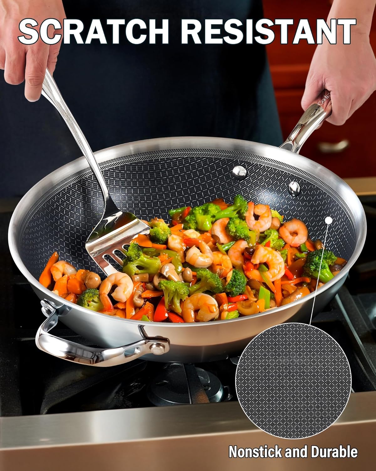 Cooks Standard 12-Inch Hybrid Nonstick Wok with Tempered Glass Lid, Multi-Ply Clad Stainless Steel Flat Bottom Wok Stit Fry Pan, Oven Safe, Induction Ready, Compatible with All Stovetops
