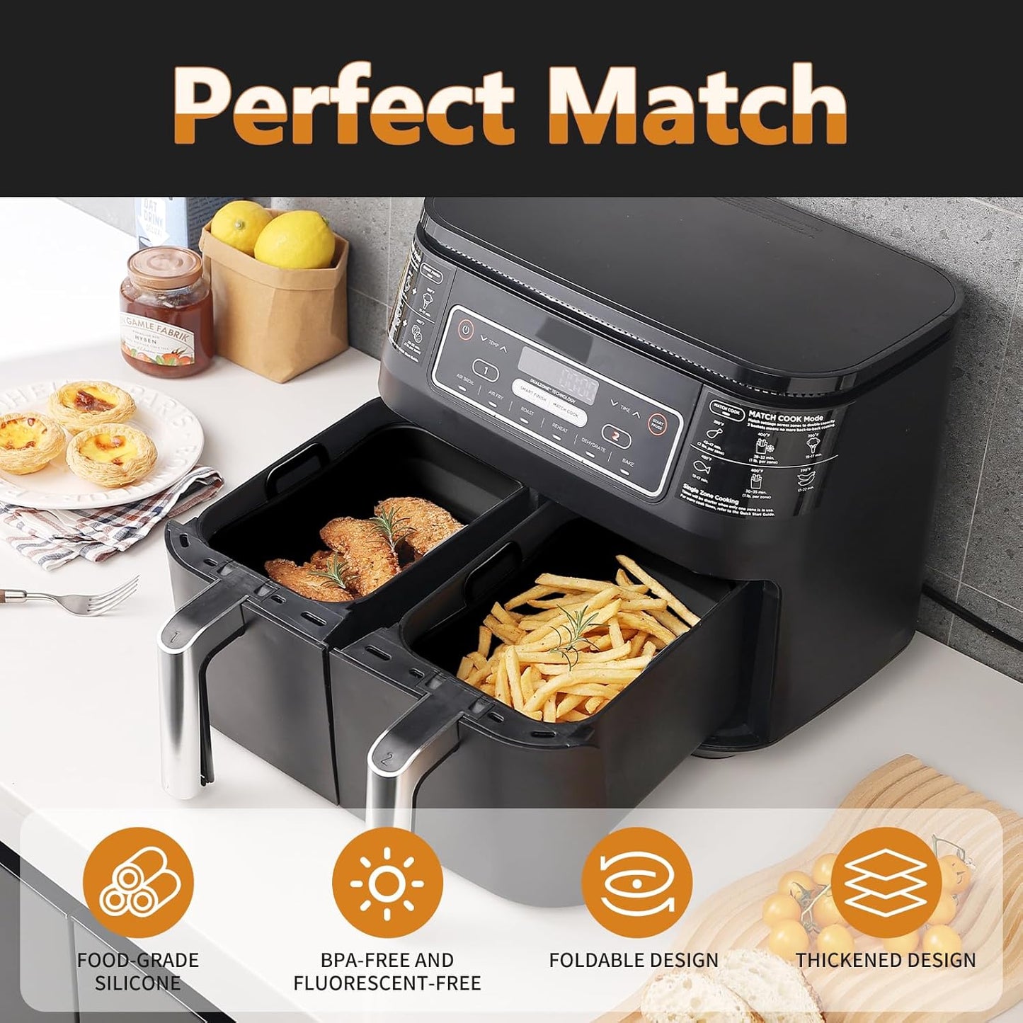 Collapsible 2-Pack Air Fryer Silicone Liners for 8QT & 10QT NINJA Foodi Dual, Rectangular Air Fryer Silicone Pot, Reusable Silicone Air Fryer Basket for Air Fryer Accessories(Black)