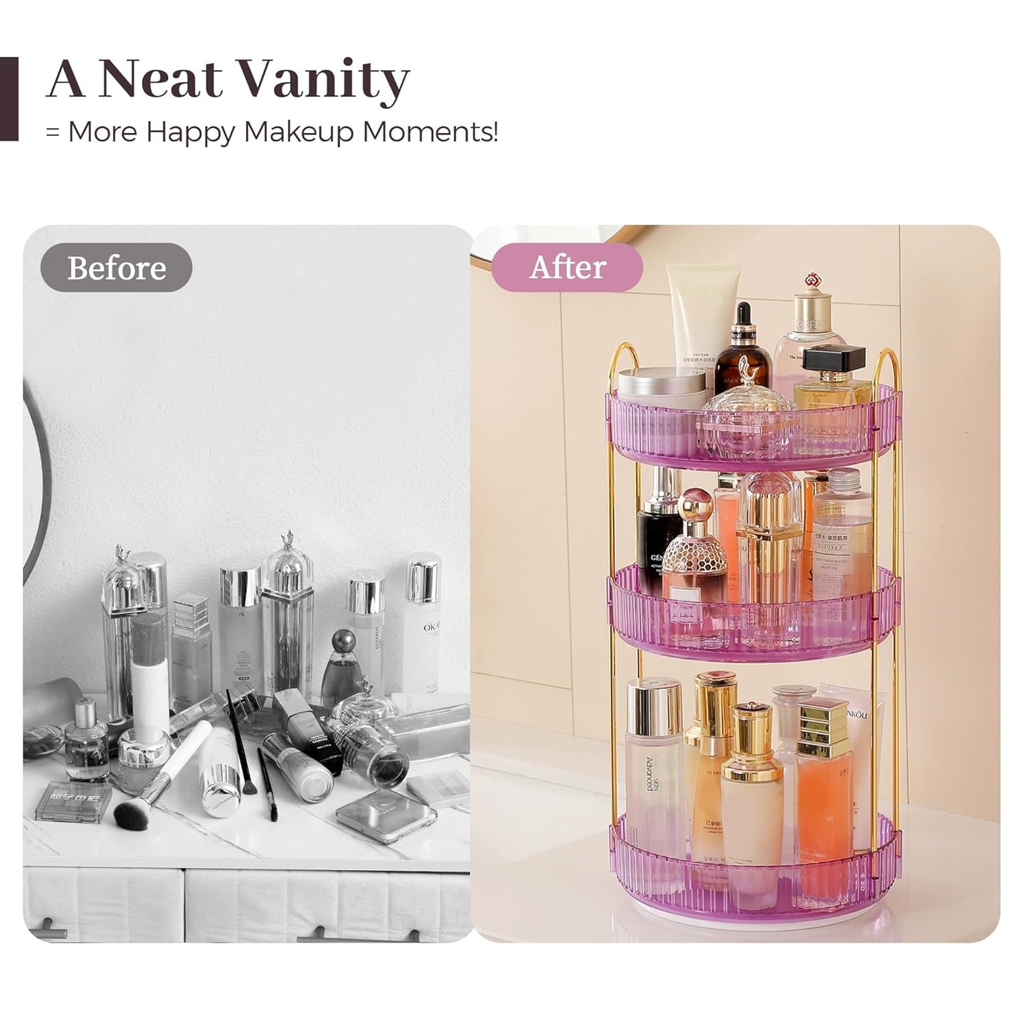 Aveniee Rotating Makeup Organizer for Vanity, Perfume Skincare Organizerss Large, Spinning Bathroom Counter Shelf Holder for Cosmetics, Skin Care, Lipsticks,3 Tiers, Purple