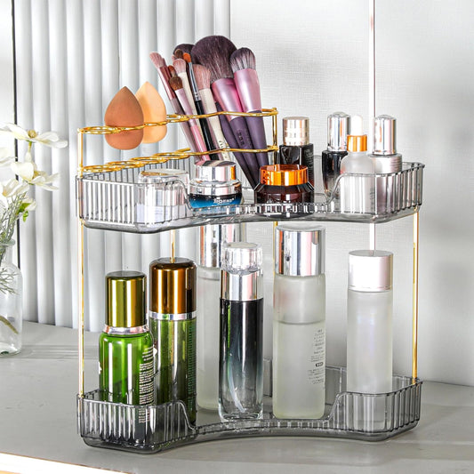 Upgraded 2-Tier Corner Bathroom Countertop Organizer – Spacious Storage for Makeup, Skincare & Perfumes, Built-in Brush Holder Fits Vanity/Dresser/Bsthtub (Slate Gray)