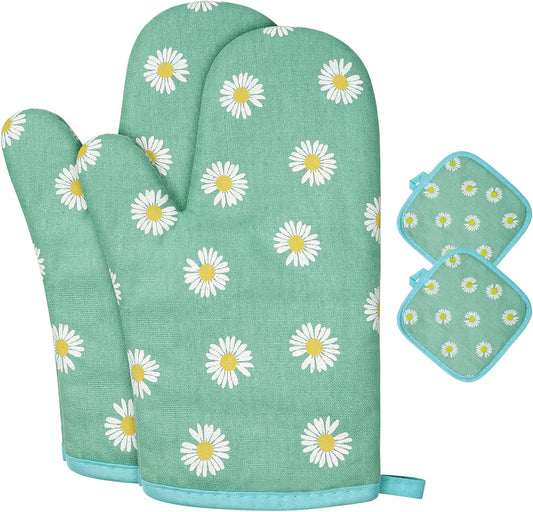 AUAUY Oven Mitts and Potholders, BBQ Gloves Heat Resistant, 1 Pair Oven Mitts and 2 Pot Holders, Cotton Non-Slip Cooking Gloves Home Essentials for Cooking Baking Kitchen Microwave Pizza (Daisy-Green)