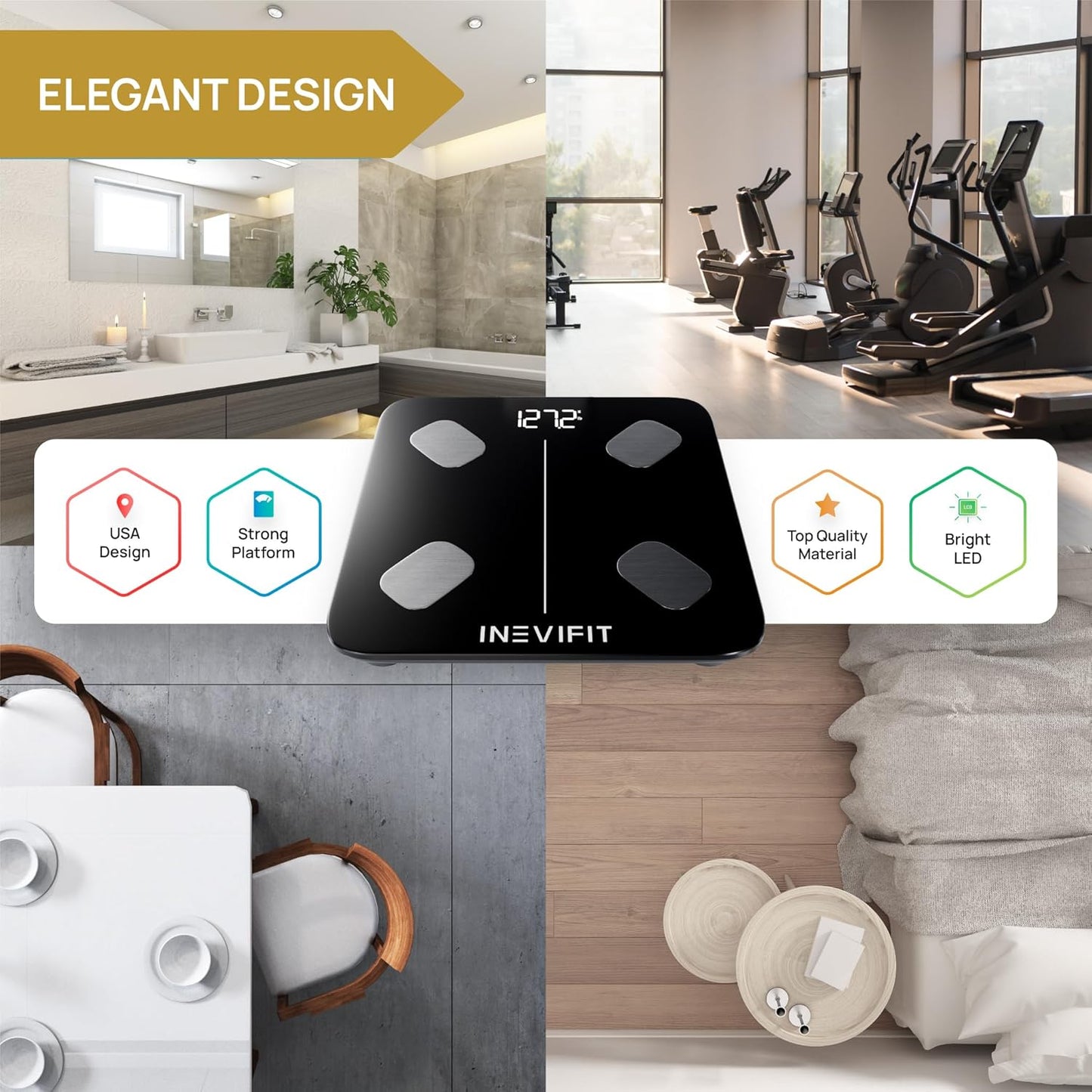 INEVIFIT Smart Body Fat Scale, Highly Accurate Bluetooth Digital Bathroom Body Composition Analyzer, Measures Weight, Body Fat, Water, Muscle, Visceral Fat & Bone Mass for Unlimited Users (Eco-Blk)