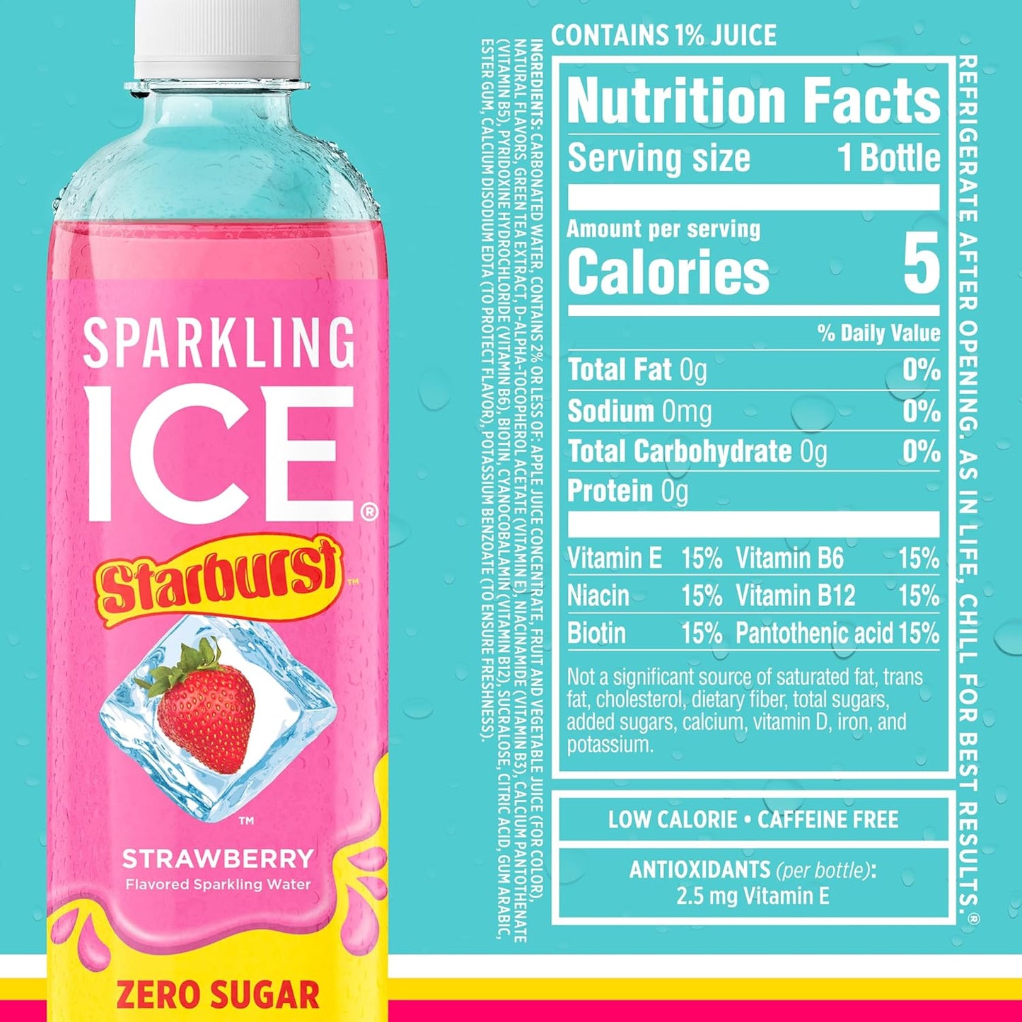 Sparkling Ice STARBURST Variety Pack, Zero Sugar Flavored Sparkling Water, with Vitamins and Antioxidants, Low Calorie Beverage, 17 fl oz, 12 count (Cherry, Strawberry, Lemon, Orange)