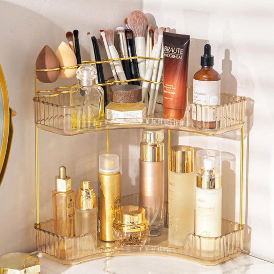 Upgraded 2-Tier Corner Bathroom Countertop Organizer – Spacious Storage for Makeup, Skincare & Perfumes, Built-in Brush Holder Fits Vanity/Dresser/Bsthtub (Vintage Gold)
