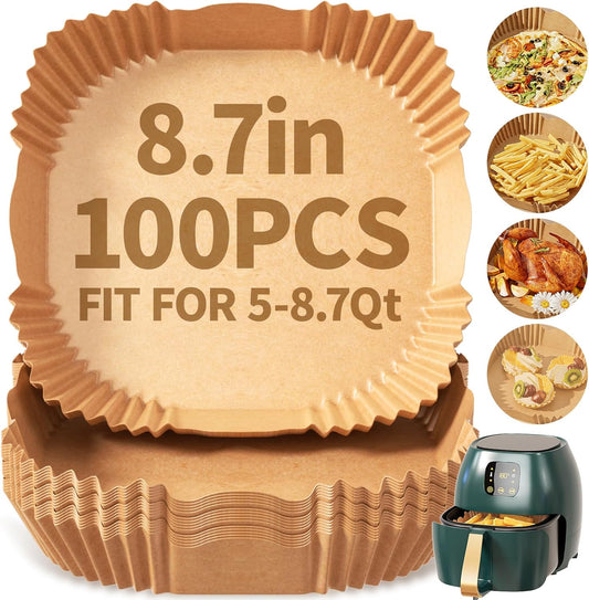 100 PCS Air Fryer Disposable Paper Liners,8 Inch Square Parchment Disposable Paper Liner for 5-8QT Air Fryer,Baking, Roasting and Microwave, Non-Stick Airfryer Accessories