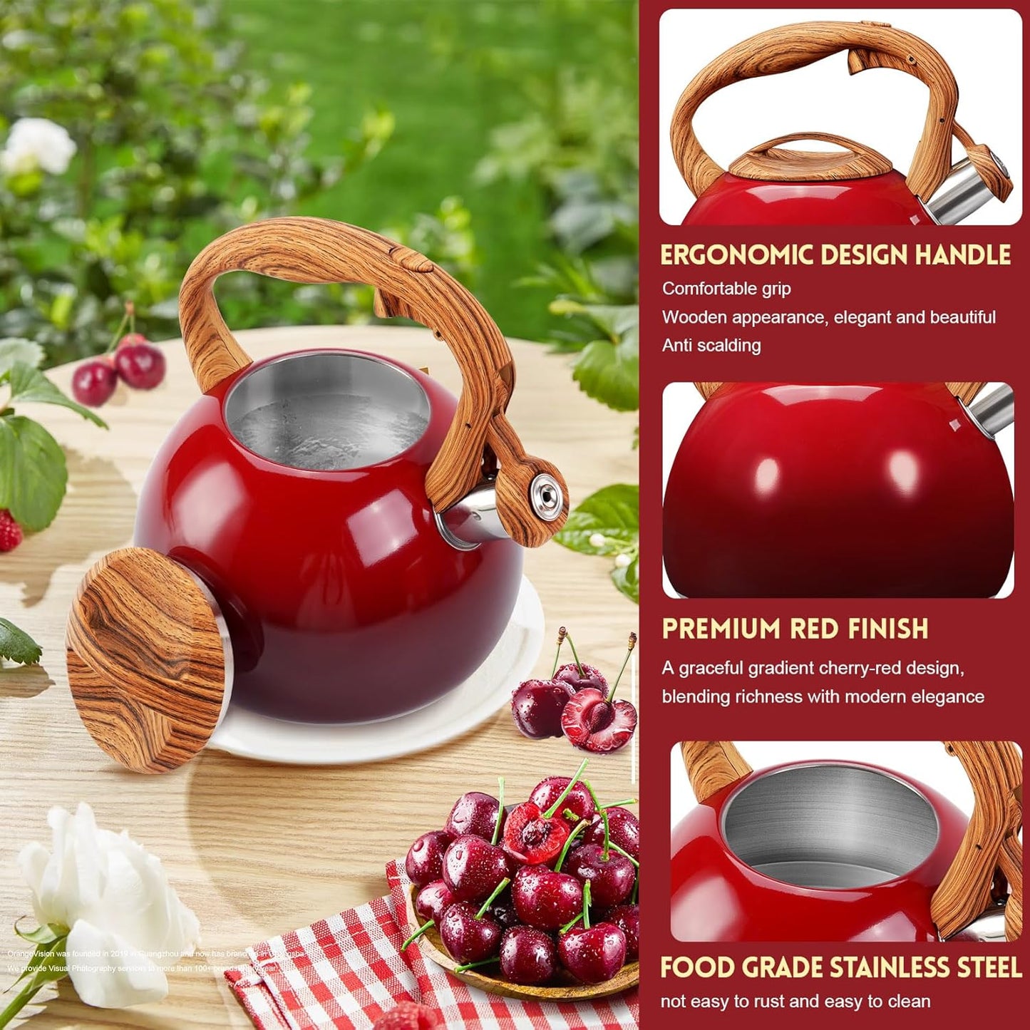 GGC Tea Kettle for Stove Top, 3.1QT/3L Whistling Tea Kettles for Boiling Water Coffee or Milk, Gradient Red Pot with Wood Parttern Handle, Stainless Steel Kettle Pot for Home and Kitchen