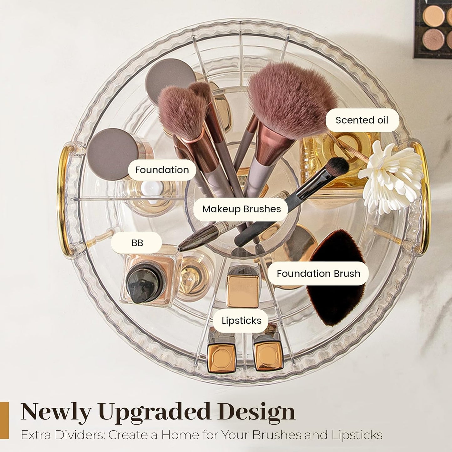 Aveniee 360 Rotating Makeup Organizer for Vanity, Upagraded Perfume Skincare Bathroom Counter Organizers with Brush Divider, Two Tier Spinning Lipstick Cosmetic Lotion Storage,White