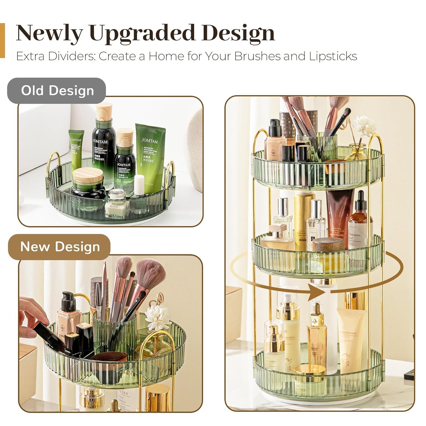 Aveniee 360 Rotating Makeup Organizer for Vanity, Perfume Storage with Brush Holder for Bathroom Countertop, 3 Tier Spinning Skincare Display Case for Lipstick Cosmetic Lotion,Green