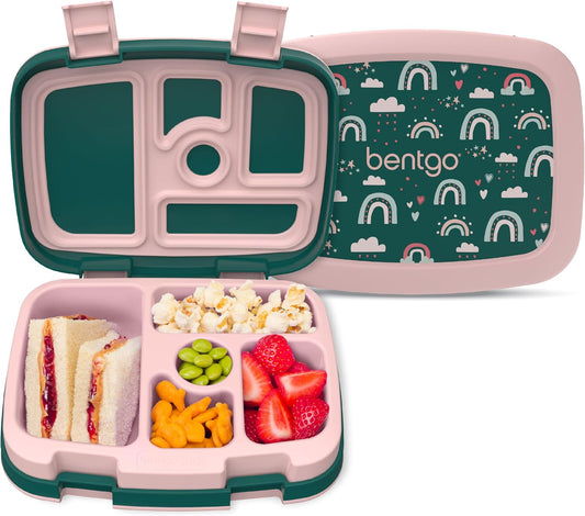 Bentgo Kids Prints Leak-Proof, 5-Compartment Bento-Style Kids Lunch Box - Ideal Portion Sizes for Ages 3-7, Durable, Drop-Proof, Dishwasher Safe, & PFAS & BPA-Free Materials (Green Rainbow)