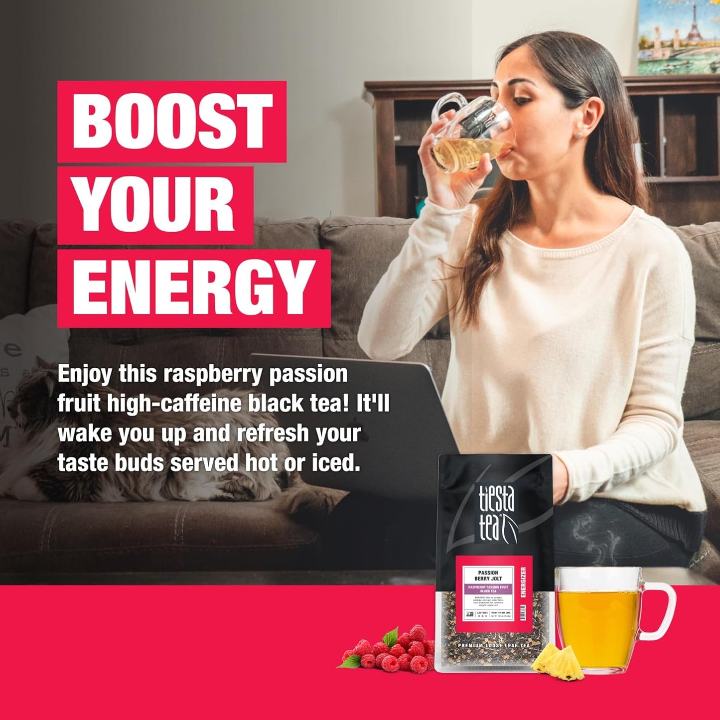 Tiesta Tea - Passion Berry Jolt, Loose Leaf, Raspberry Passion Fruit Black Tea, Premium Blend, Caffeinated Black, Make Hot or Iced Brews Up to 200 Cups, 16oz Resealable Bulk Pouch