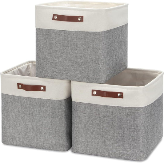 HNZIGE Storage Foldable Storage Baskets Cubes Set(3 Pack) Fabric Bins for Shelves,13 Inch Storage Basket for Organizing with Leather Handles for Home, Toys, Clothes,Closet Storage(White&Gray)