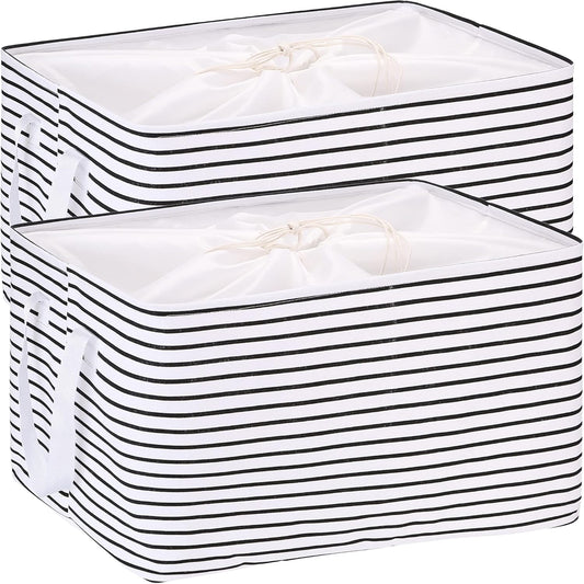 Hinwo 102L XXL Storage Bins, 2-Pack Closet Organizers and Storage, Foldable Clothes Storage Baskets with Handles, Containers for Clothing, Blanket, Comforters, Toys, Bedding (Black Stripe)