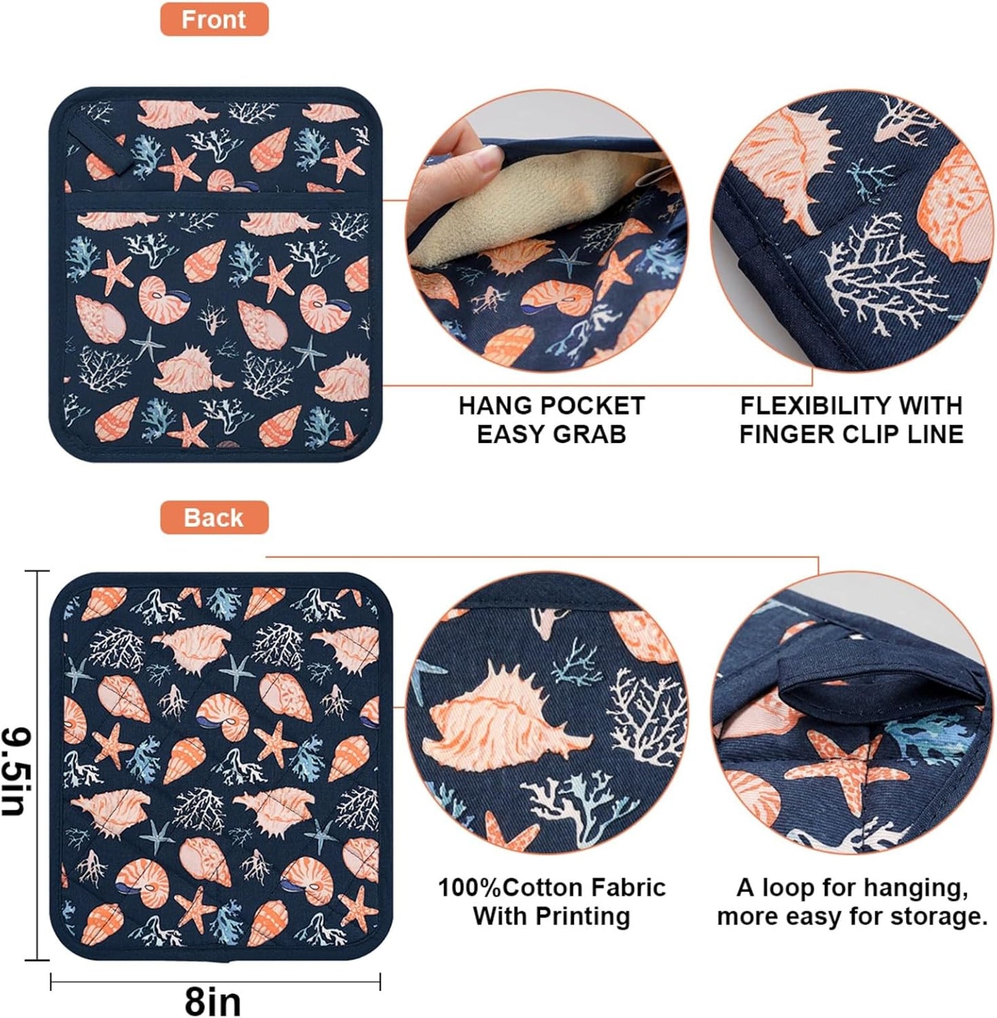Pot Holders Set of 2 Heat Resistant 480℉ Kitchen 100% Cotton Comfortable Lining Printing Cowry Flower Women Men Home Cooking Baking Microwave BBQ Gift (Cowry potholders)