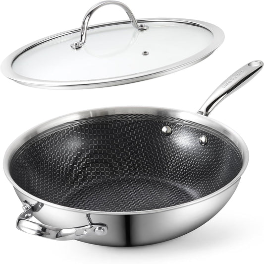 Cooks Standard 12-Inch Hybrid Nonstick Wok with Tempered Glass Lid, Multi-Ply Clad Stainless Steel Flat Bottom Wok Stit Fry Pan, Oven Safe, Induction Ready, Compatible with All Stovetops