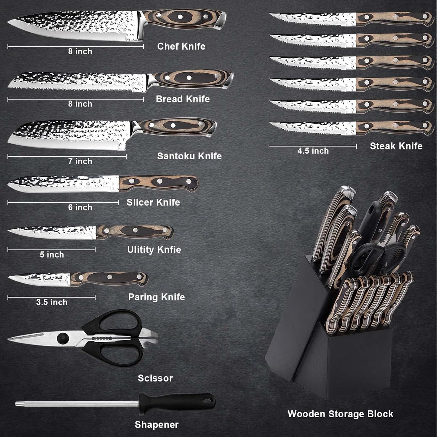 Kitchen Knife Set,15-Piece Knife Set With Block Wooden,Self Sharpening For Chef Knife Set,High Carbon Japan Stainless Steel Hammered Collection Knife Block Set with Steak Knives (Gray)