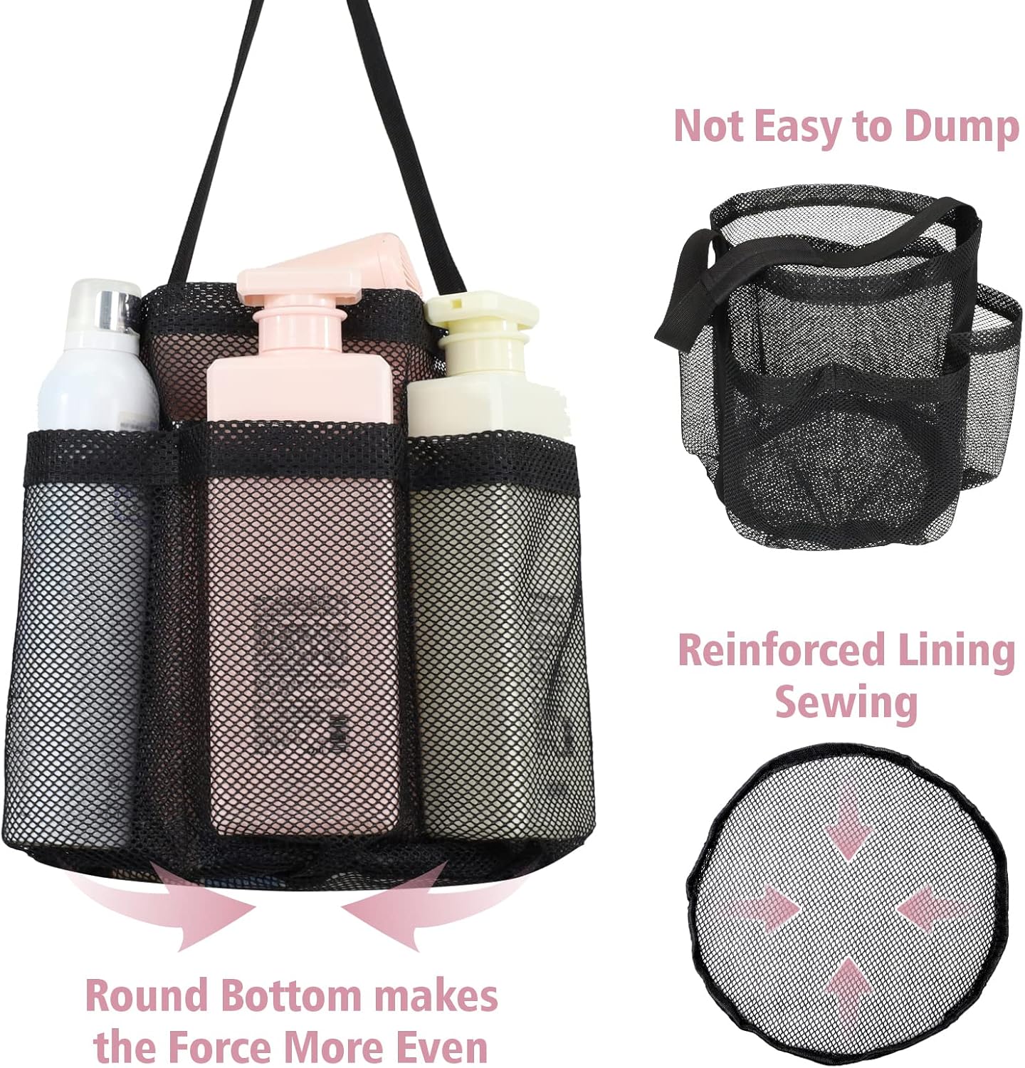 F-color Mesh Shower Caddy Portable, Large Capacity Shower Bag Basket Tote for College Dorm Room Toiletry Gym Rv Essentials, Bathroom Caddy Bag with S Hook, Black