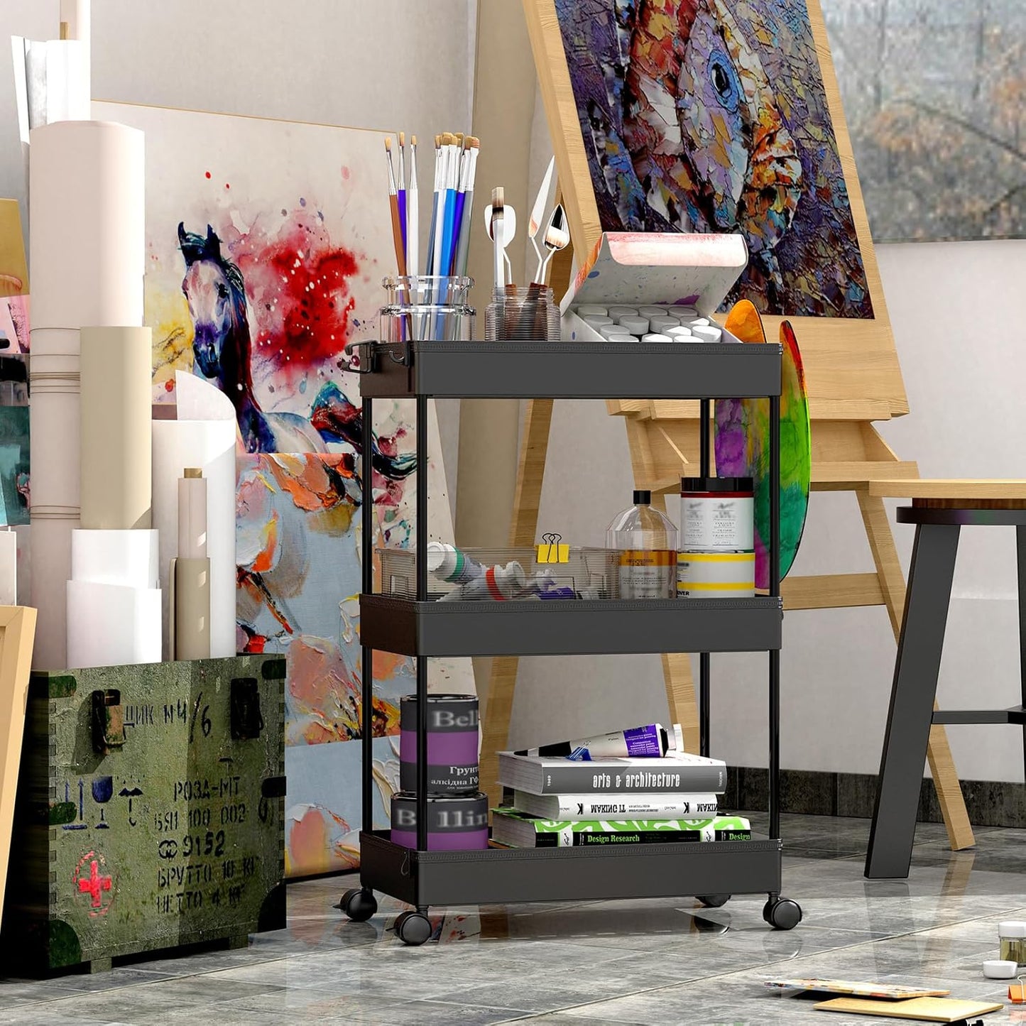 SPACEKEEPER Rolling Storage Cart 3 Tier Bathroom Cart Organizers with Wheels Laundry Room Organization Mobile Shelving Unit Utility Cart Storage Shelves Multi-Functional for Office, Home, Black