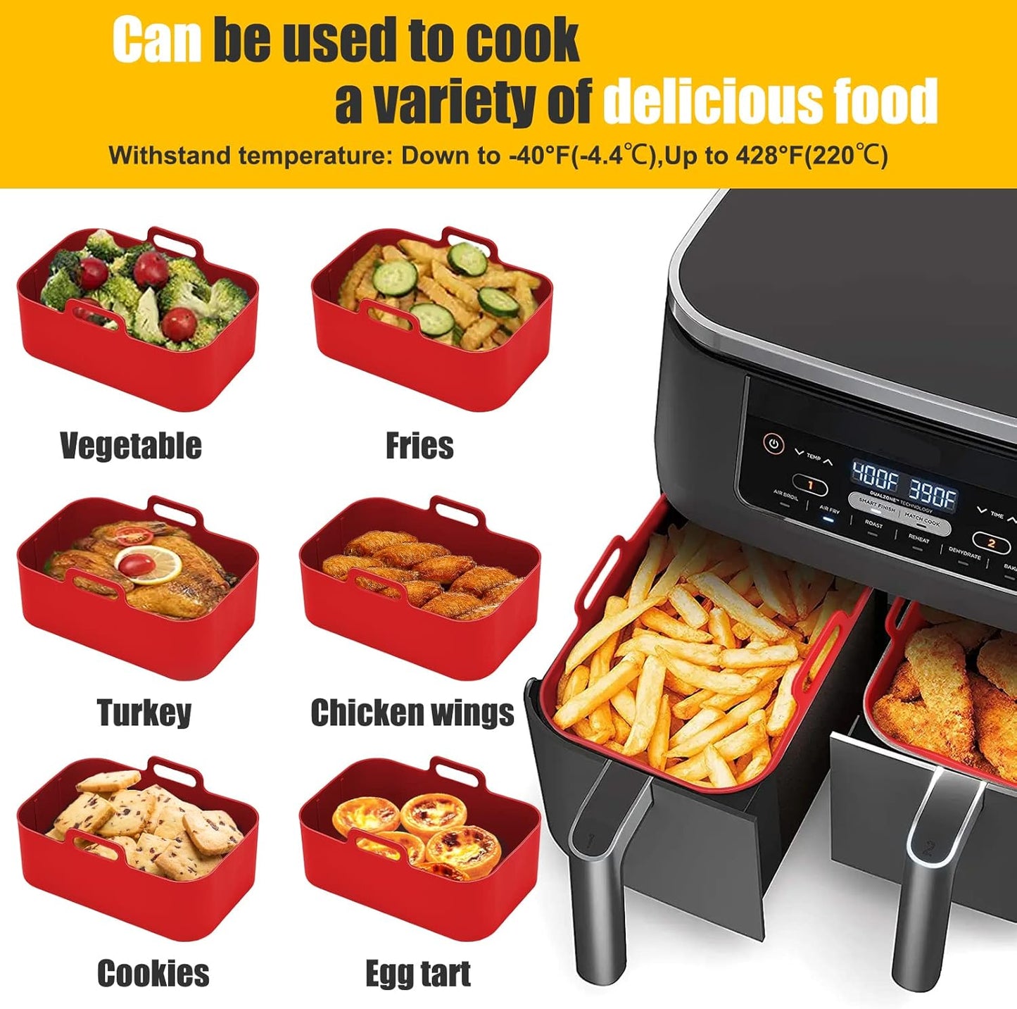 Silicone Air Fryer Liners for Ninja Foodi Dual DZ201/DoubleStack SL201 8QT, 2Pcs Reusable Airfryer Dual Basket for Chefman 6QT/Instant Vortex Plus XL 8QT | Non-stick | Easy Cleaning | Food Safe | Red