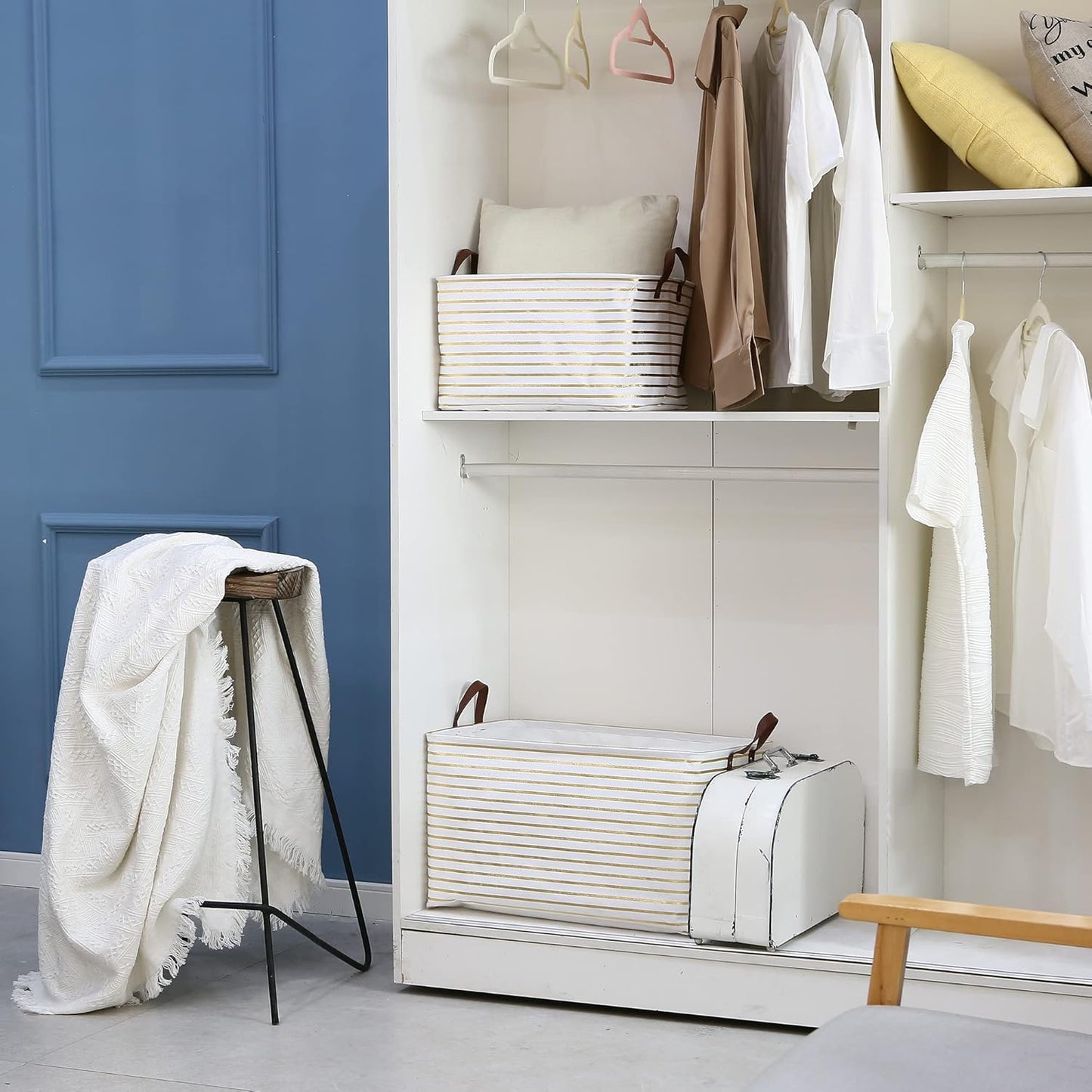 Hinwo 70L Extra Large Storage Bins, Closet Organizers and Storage, Foldable Clothes Storage Baskets with Handles, Containers for Clothing, Blanket, Comforters, Toys, Bedding (Gold Stripe)