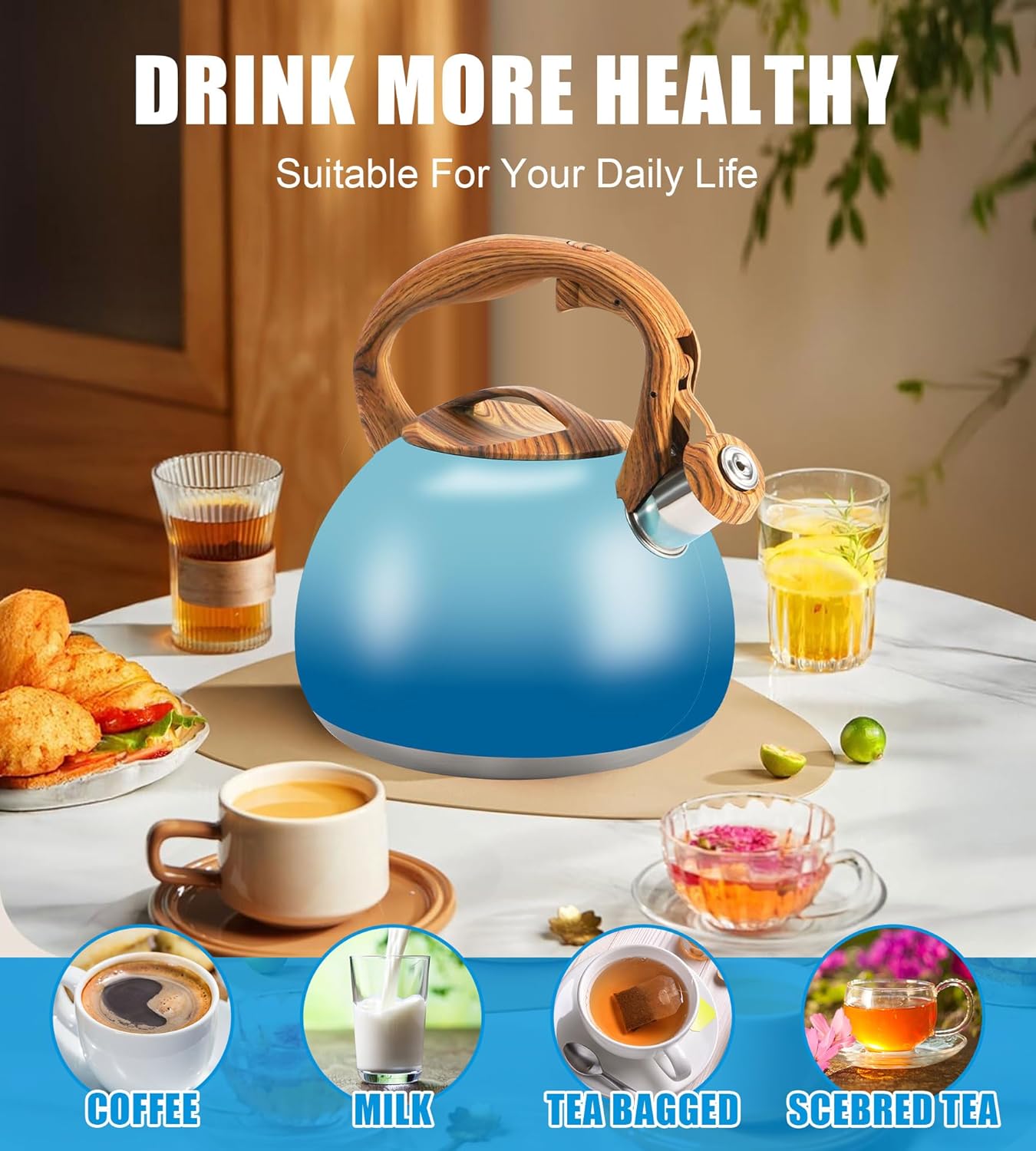 Tea Kettle, 3.2Qt/3Liter Whistling Kettle,Food Grade Cool Handle Tea pot,One-Button Switch, Apply to Various Stovetops, Coffee/Tea (Sky Blue Gradient)