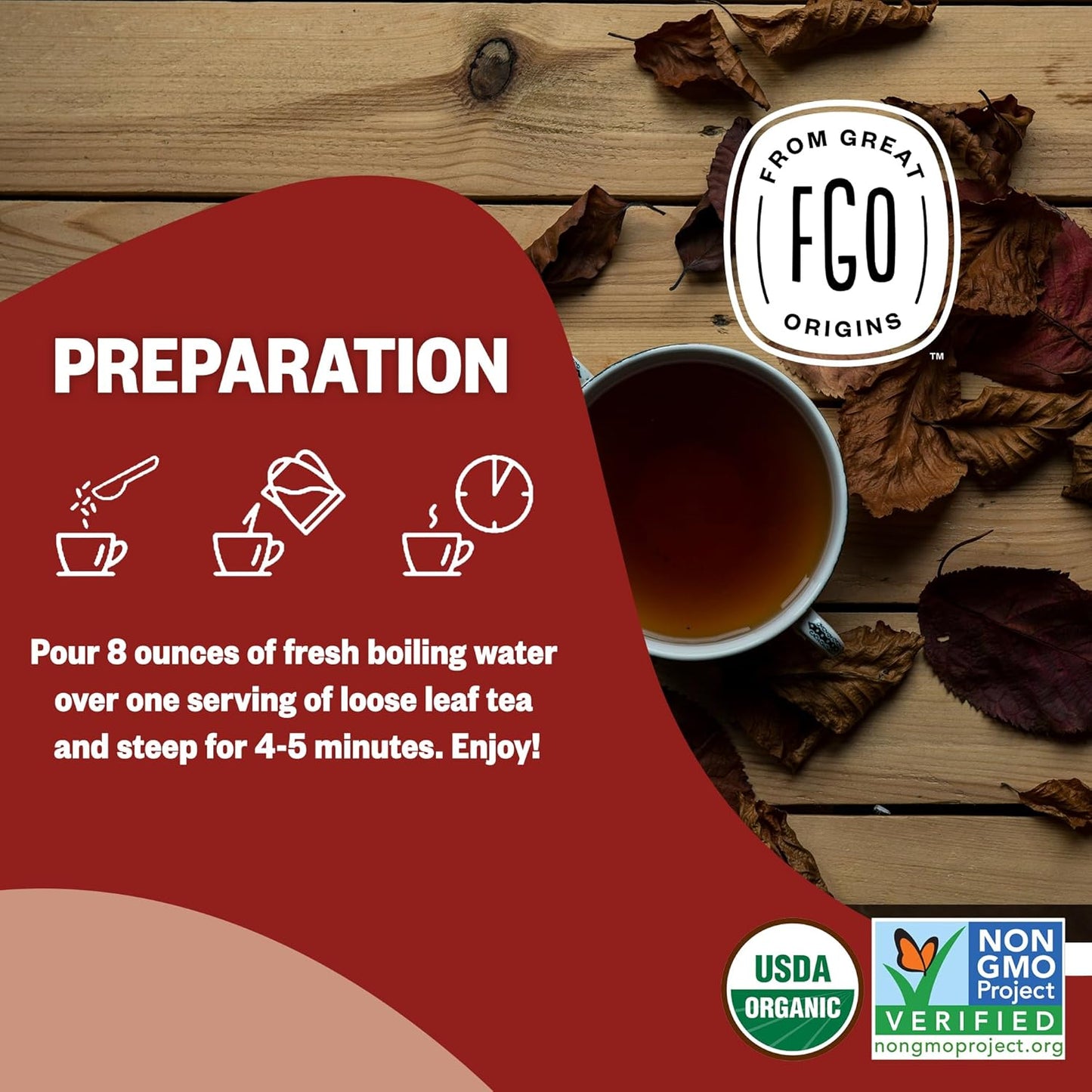 FGO Organic Rooibos Tea, 16 Ounce Loose Leaf Bulk Resealable Bag, Caffeine Free, Packaging May Vary (Pack of 1)