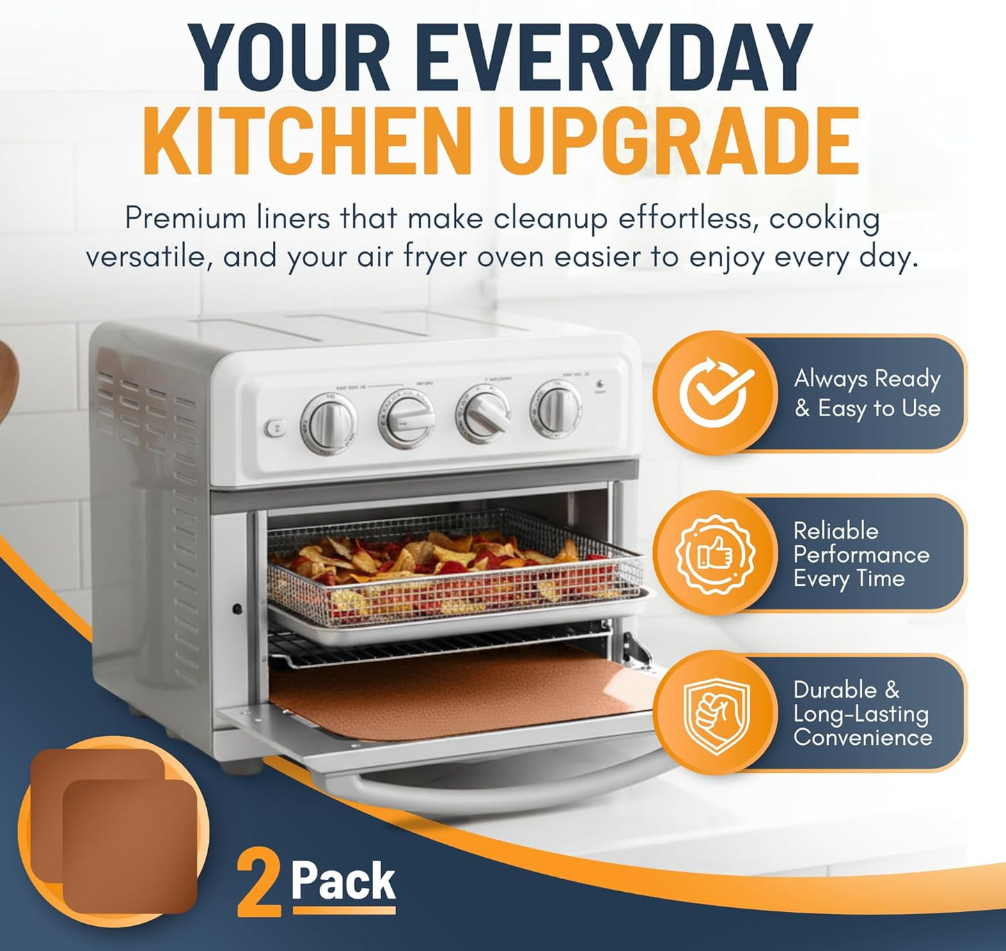 Toaster Oven Liners for Bottom of Oven (2 Pack) Reusable Non-Stick Heat Resistant Toaster Liners, Compatible with Ninja, Cuisinart, Emeril Lagasse & More, Toaster Mat, 12"x12" (Copper)