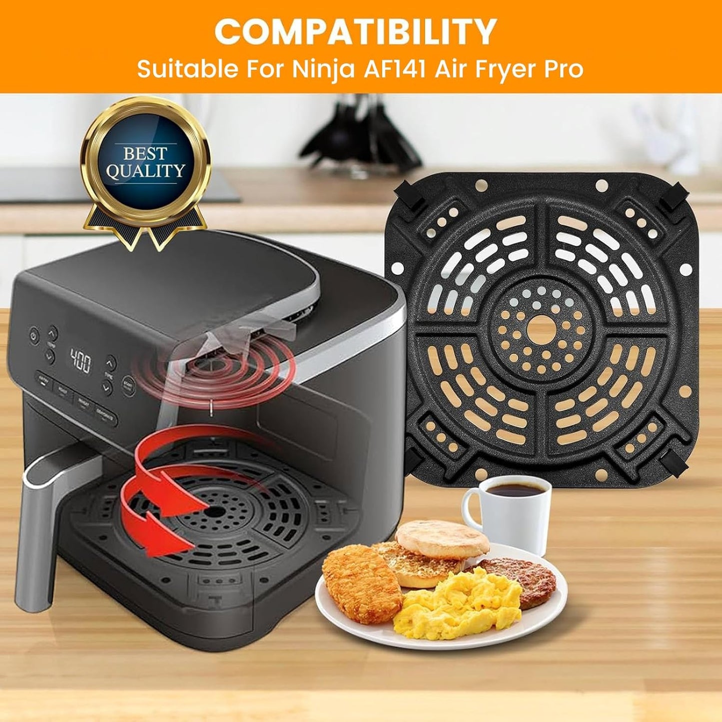 Air Fryer Grill Pan for Ninja AF141 Air Fryer Pro 4-in-1 5 QT, 8.5''×8.5'' Air Fryer Accessories Tray Grill Plate Crisper Plate Replacement Parts Tray Rack with Rubber Bumpers, Dishwasher Safe