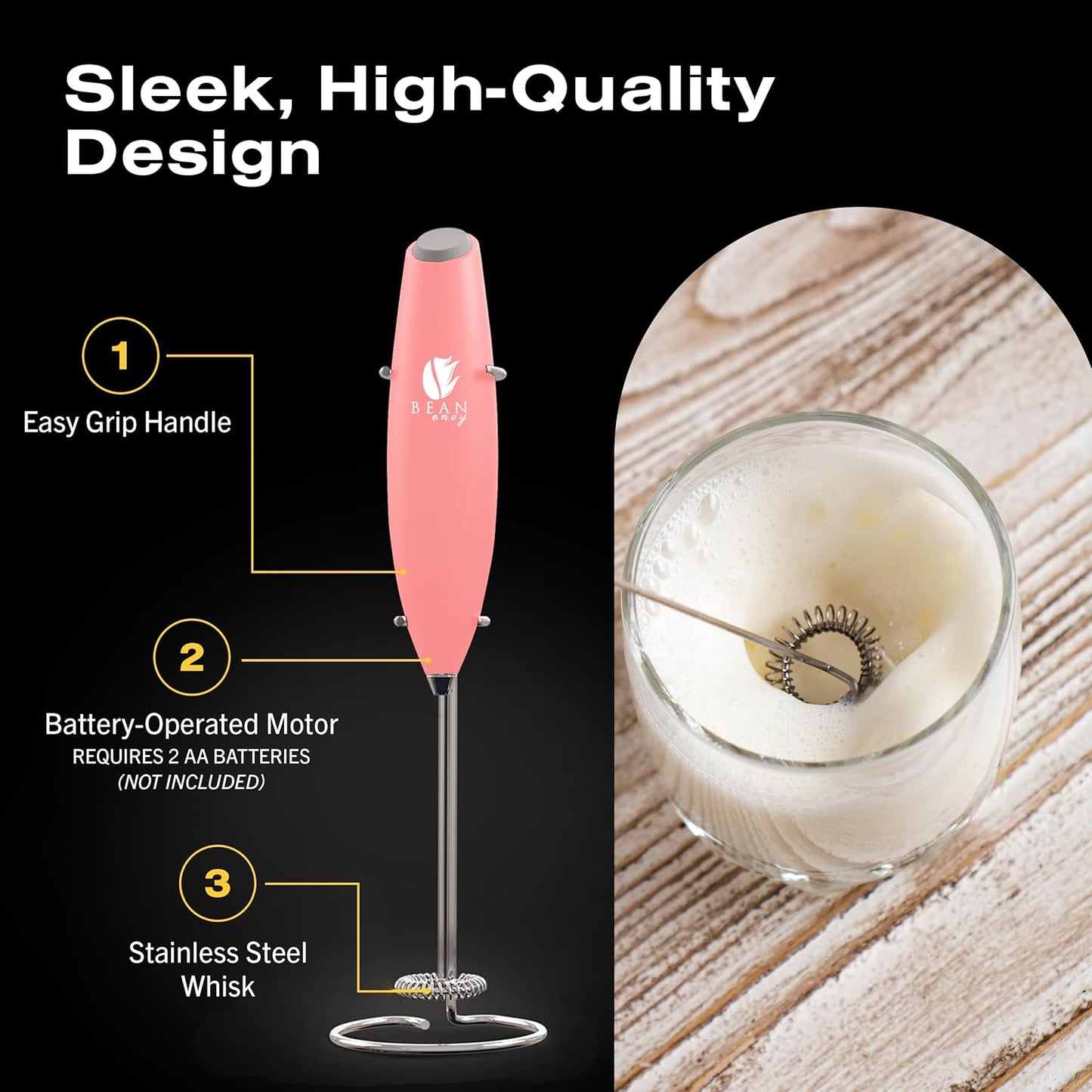 Bean Envy Milk Frother, Coffee Stirrers, Frother Wand, Milk Frother Handheld, Frother with stand, Hand Blender for Coffee, Lattes, Cappuccino, Matcha and Hot Chocolate – Kitchen Gifts - Rose Pink