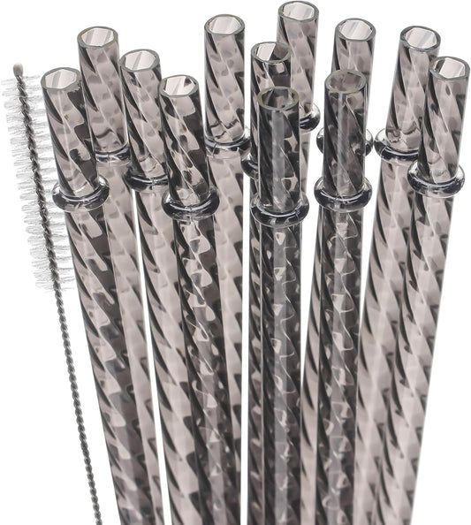 Dakoufish 12 Inch Reusable Clear Plastic Swirl Drinking Straws for 30 oz & 40 oz Jars/Tumblers,Set of 12 Pcs Replacement Crystal Black Straws with Cleaning Brush (12inch,black)