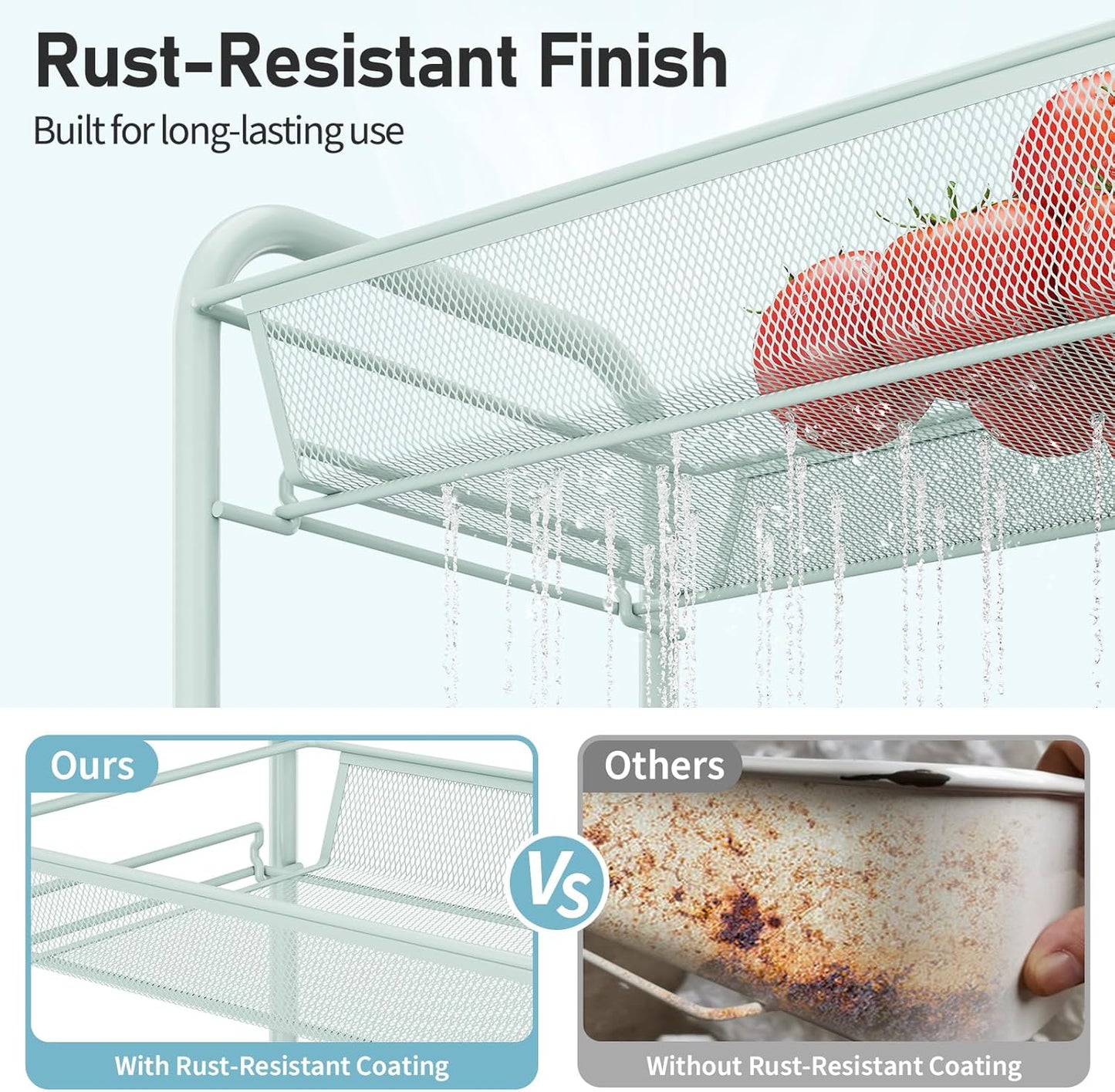 TOOLF 3-Tier Metal Rolling Cart, Mesh Wire Easy Assemble Utility Cart, Storage Trolley on Wheels with 3 Hooks, MetalStorage Shelving Units for Kitchen Bathroom Laundry Room