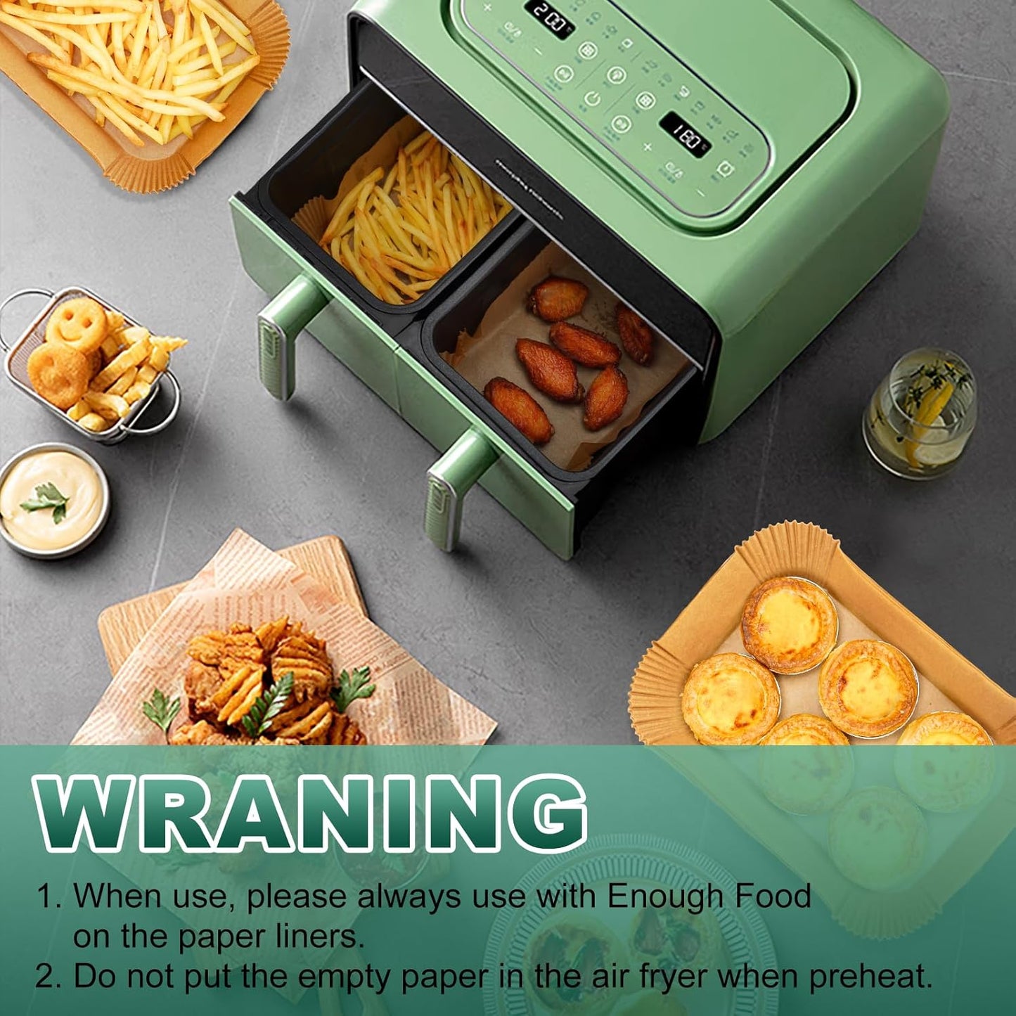 Air Fryer Liners Disposable for Dual Basket, 200Pcs Rectangle Parchment Paper Liner for Ninja DZ201 DZ401, Chefman/COSORI 2-Basket Air Fryer, Oil Proof Baking Paper by Vailnd(8.6x5.5 Inch)