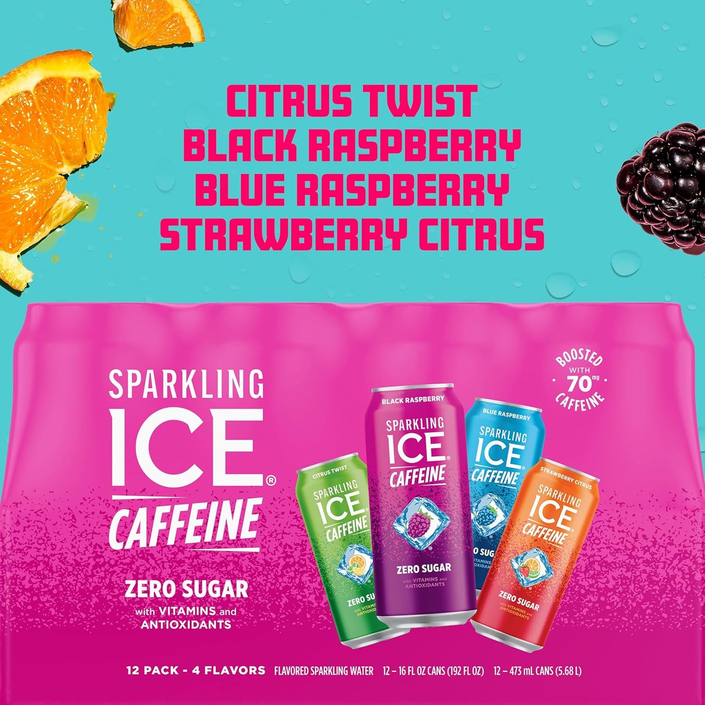 Sparkling Ice Caffeine Variety Pack, Flavored Sparkling Water, Zero Sugar, with Vitamins and Antioxidants, 16 fl oz, 12 count (Citrus Twist, Black Raspberry, Blue Raspberry, Strawberry Citrus)
