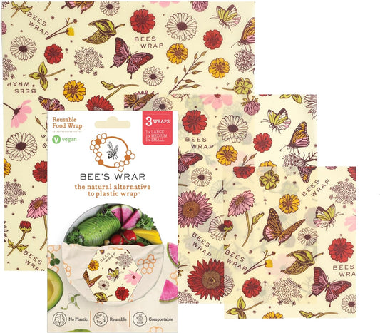 Bee's Wrap Vegan Beeswax Wraps for Food - Made in USA Reusable & Organic Food Wraps, Sandwich Wrap & Bowl Covers - Eco Alternative to Aluminum Foil & Plastic Wrap, Vegan Meadow Magic 3 Pack (S, M, L)