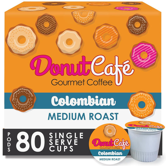 Donut Café - Coffee Gourmet Pods, Colombian Blend, Medium Roast – Non-GMO, Gluten Free – Compatible with Keurig K Cup Brewers – Smooth & Delicious – 80 Count