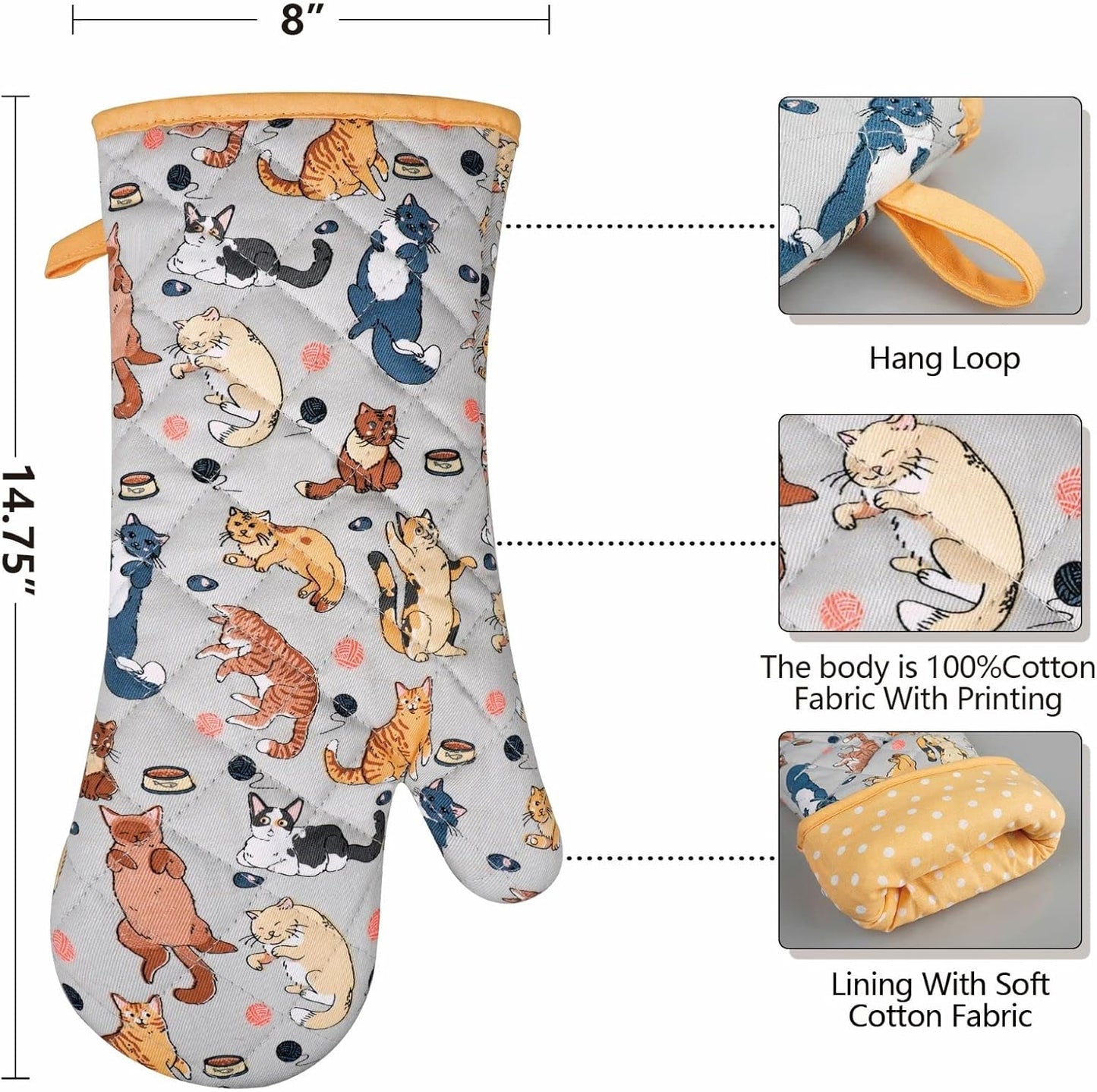 Oven Mitts Cotton Fashion Cute Cat Design 1pair Heat Resistant Oven Gloves Safe Cooking Baking Grilling Barbecue Machine Washable Pot Holders (Cat)