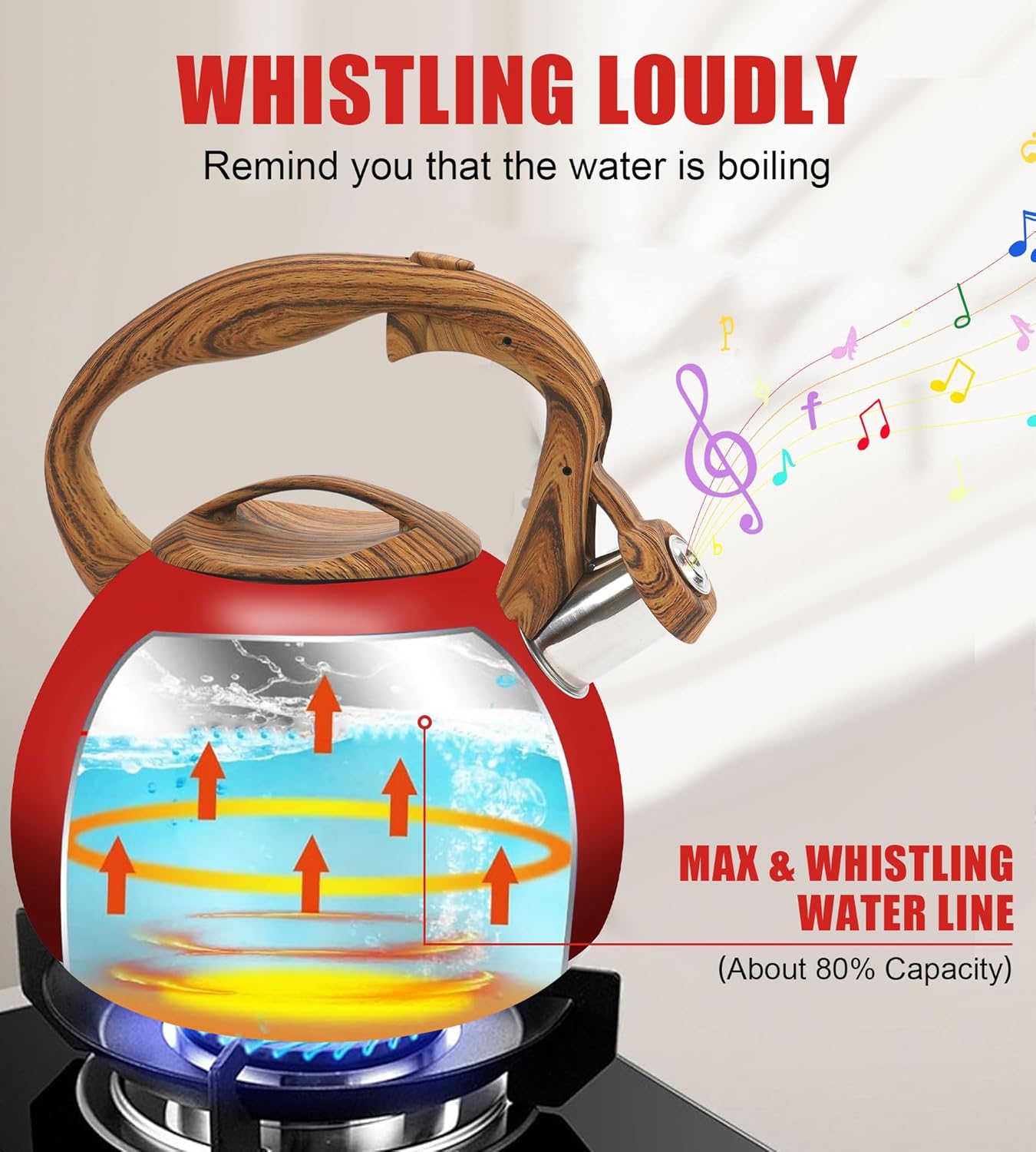 Festive Red Stovetop Whistling Tea Kettle 3.2 Quart - Stainless Steel with Wood Grain Handle, Loud Christmas Whistle for Boiling Water, Holiday Cocoa & Milk, Easy-Pour Spout Classic Design