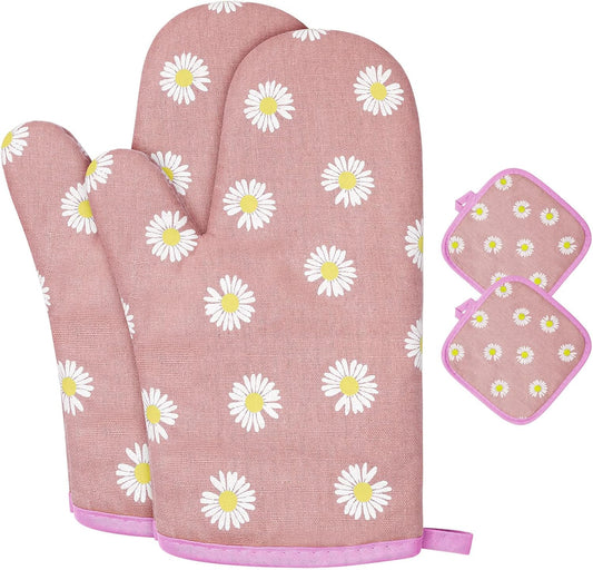 AUAUY Oven Mitts and Potholders, BBQ Gloves Heat Resistant, 1 Pair Oven Mitts and 2 Pot Holders, Cotton Non-Slip Cooking Gloves for Cooking Baking Kitchen Microwave Pizza(Daisy-Pink)