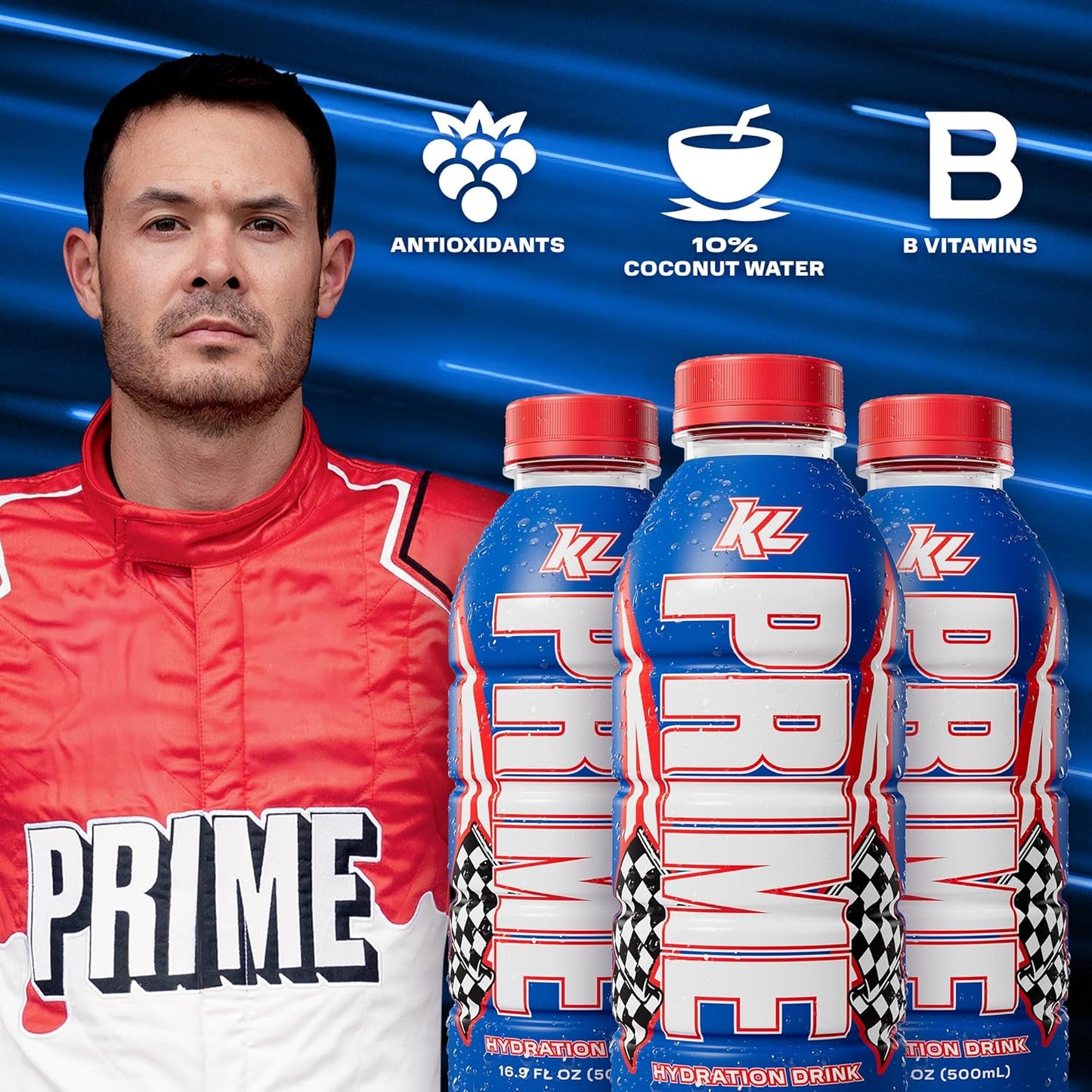 PRIME Hydration Kyle Larson, Sports Drinks, Electrolyte Enhanced for Replenishing Fluids, 250mg BCAAs, B Vitamins, Antioxidants, Low Sugar, 16.9 Fl Oz, 12 Pack