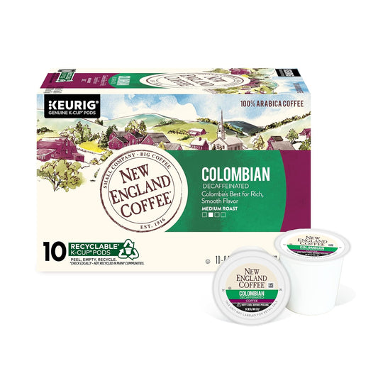 New England Coffee Colombian Decaffeinated Medium Roast Single Serve Pods, 10ct Box (Pack of 1)