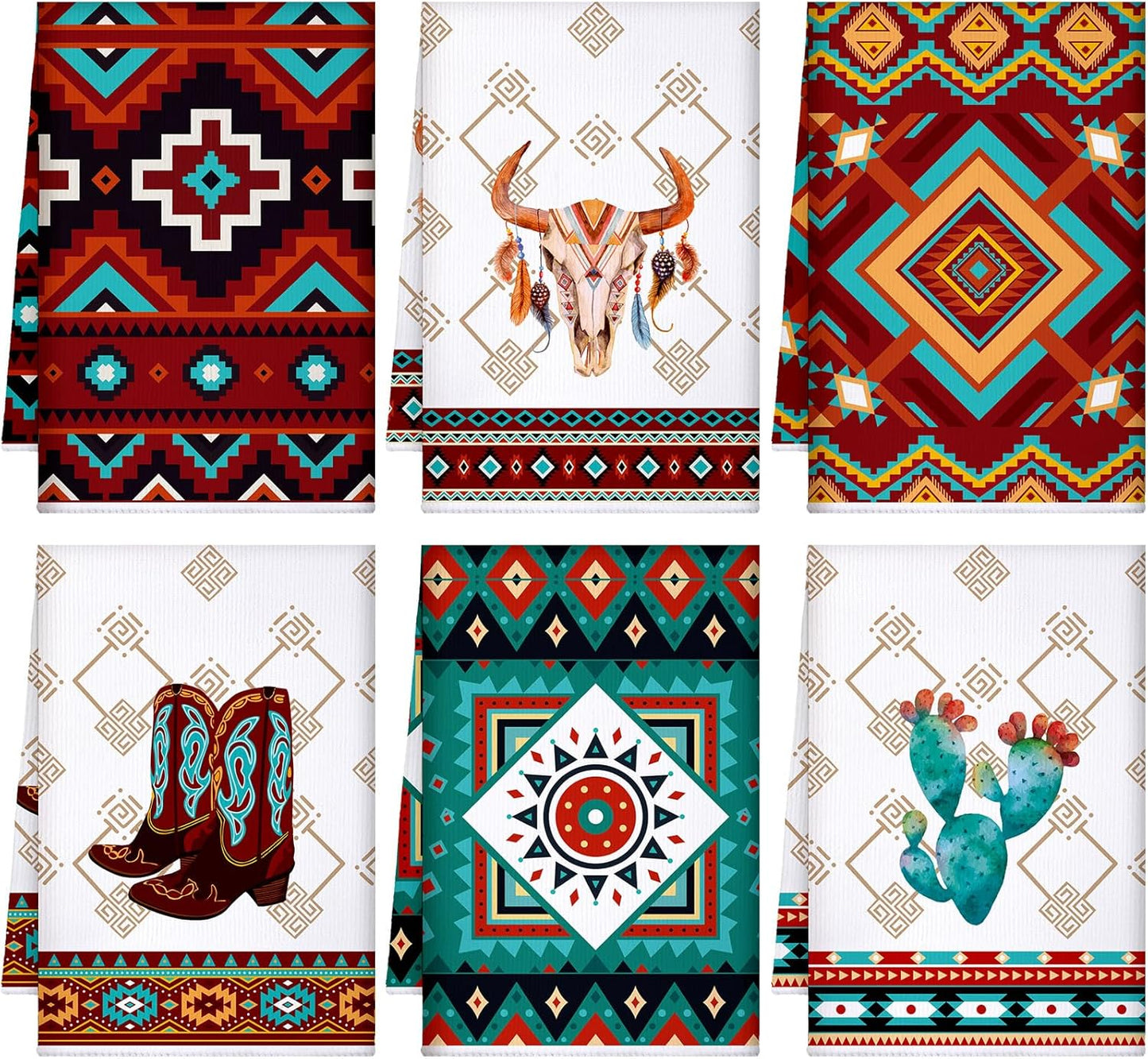 Boyiee Set of 6 Southwestern Kitchen Towels Boho Aztec Theme Dishtowel Native American Hand Tea Towels 24 x 16 Inches for Absorbent Kitchen Decor with Hanging Loop for Room Home Housewarming Gift